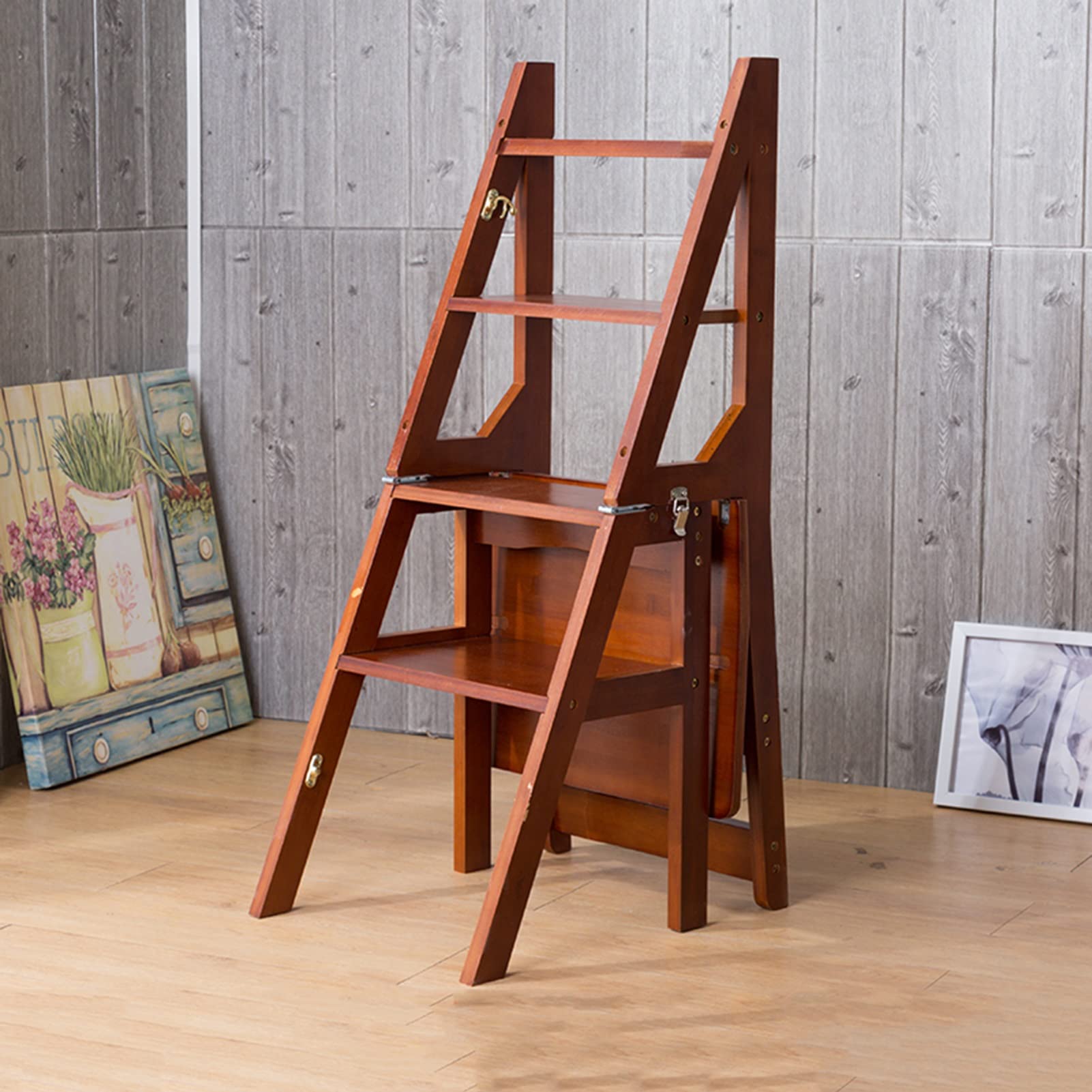 XHALERY Wooden Step Stool Ladder - Foldable Kitchen Step Stool, Heavy Duty Counter Ladder with Non-Slip Steps, 4-Step Safety Stool for Kids & Adults - Perfect for Reaching High Shelves, Kitchen Cabinets and Home Organization