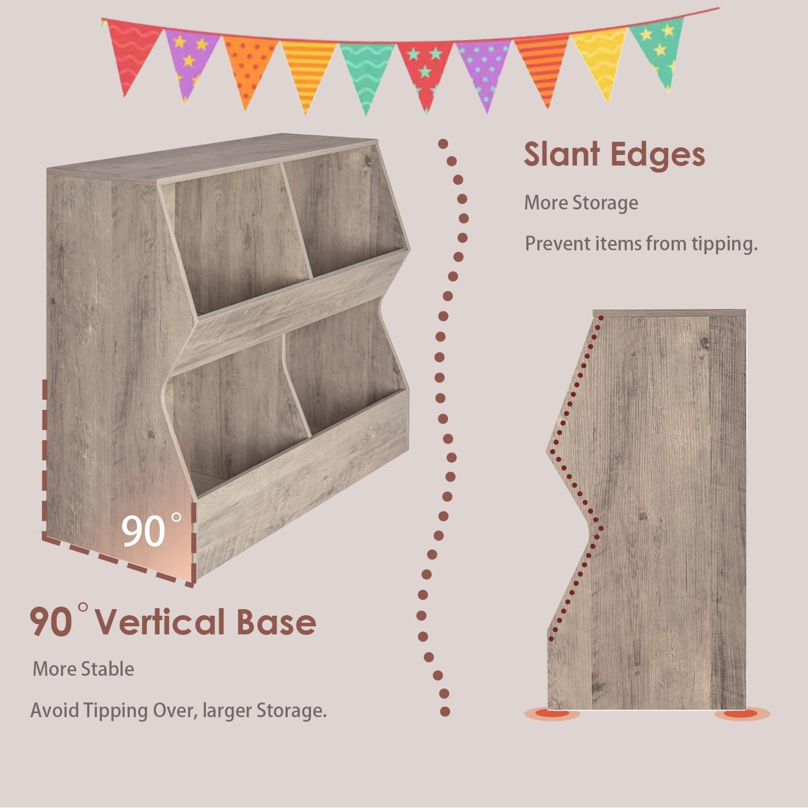 DINZI LVJ Kids Bookshelf & Toy Storage Organizer - 4 Cubby Wooden Toy Cabinet, Greige Children's Bookcase (35.4