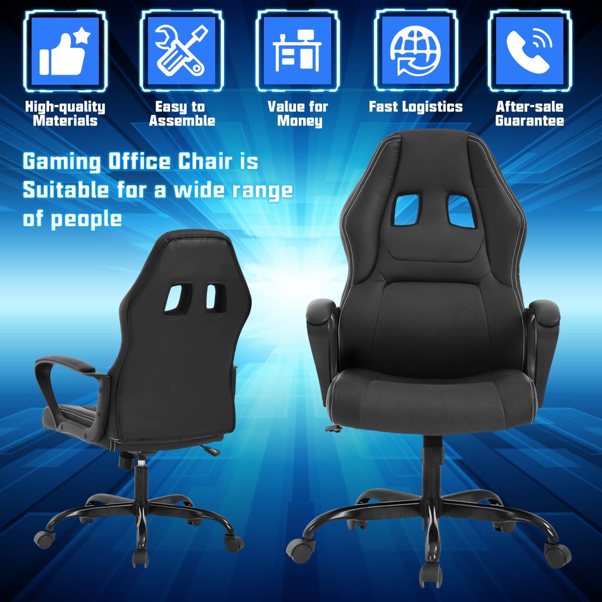 Ergonomic Gaming Chair with Lumbar Support - Adjustable High Back PU Leather Computer Desk Chair for Adults & Teens - Swivel Rolling Office Chair for PC Gaming, Work & Study - Black