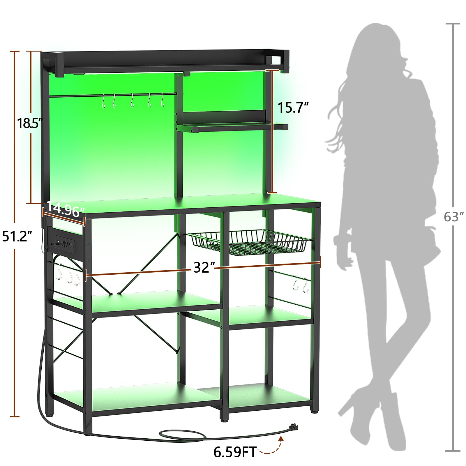 Aheaplus Bakers Rack with Power Outlet & LED Lights - Kitchen Storage Shelf with Wire Basket, Microwave Stand, Coffee Bar Station - Includes 10 Hooks for Spices, Pots & Pans - Perfect for Small Kitchens, Apartments & Coffee Stations (Black)