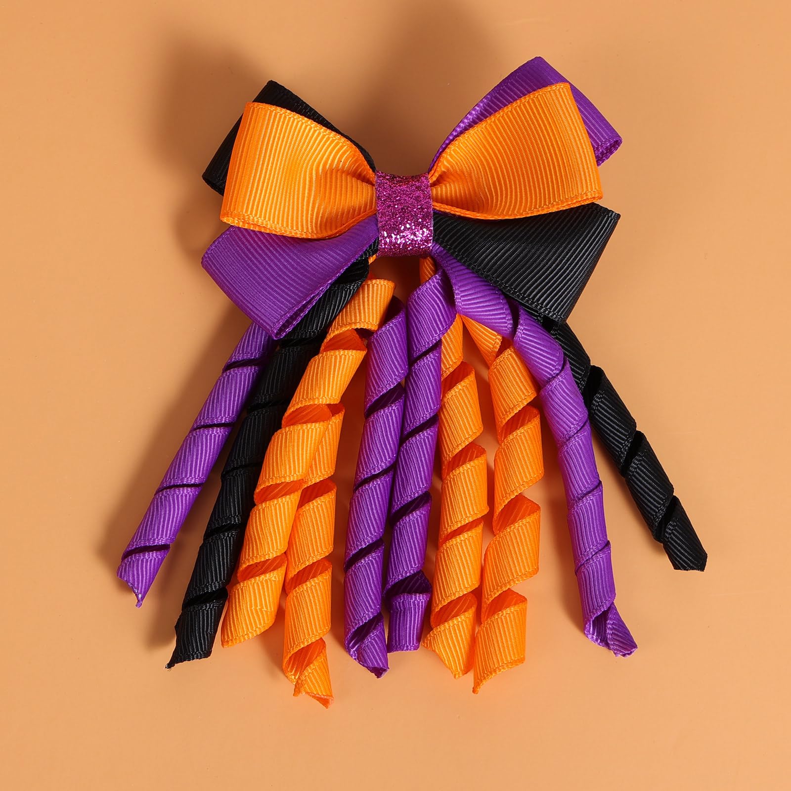 Halloween Hair Bow Clips 3 Inch - Handmade Curly Ribbon Hair Clips for Kids Girls - Trick or Treat Hair Accessories in Black, Orange & Purple - Perfect for Halloween Parties, Costumes & School Events