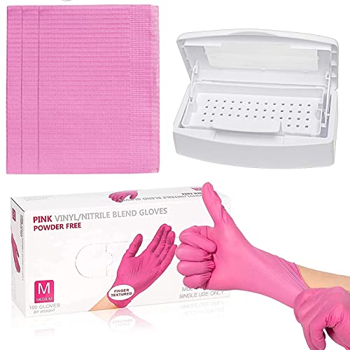 Ranrose 125PCS Disposable Waterproof Nail Art Table Towels & 100PCS Nitrile Gloves Set with Nail Sterilizing Storage Box - Professional Nail Salon Tools for Manicure, Pedicure & Nail Art Design