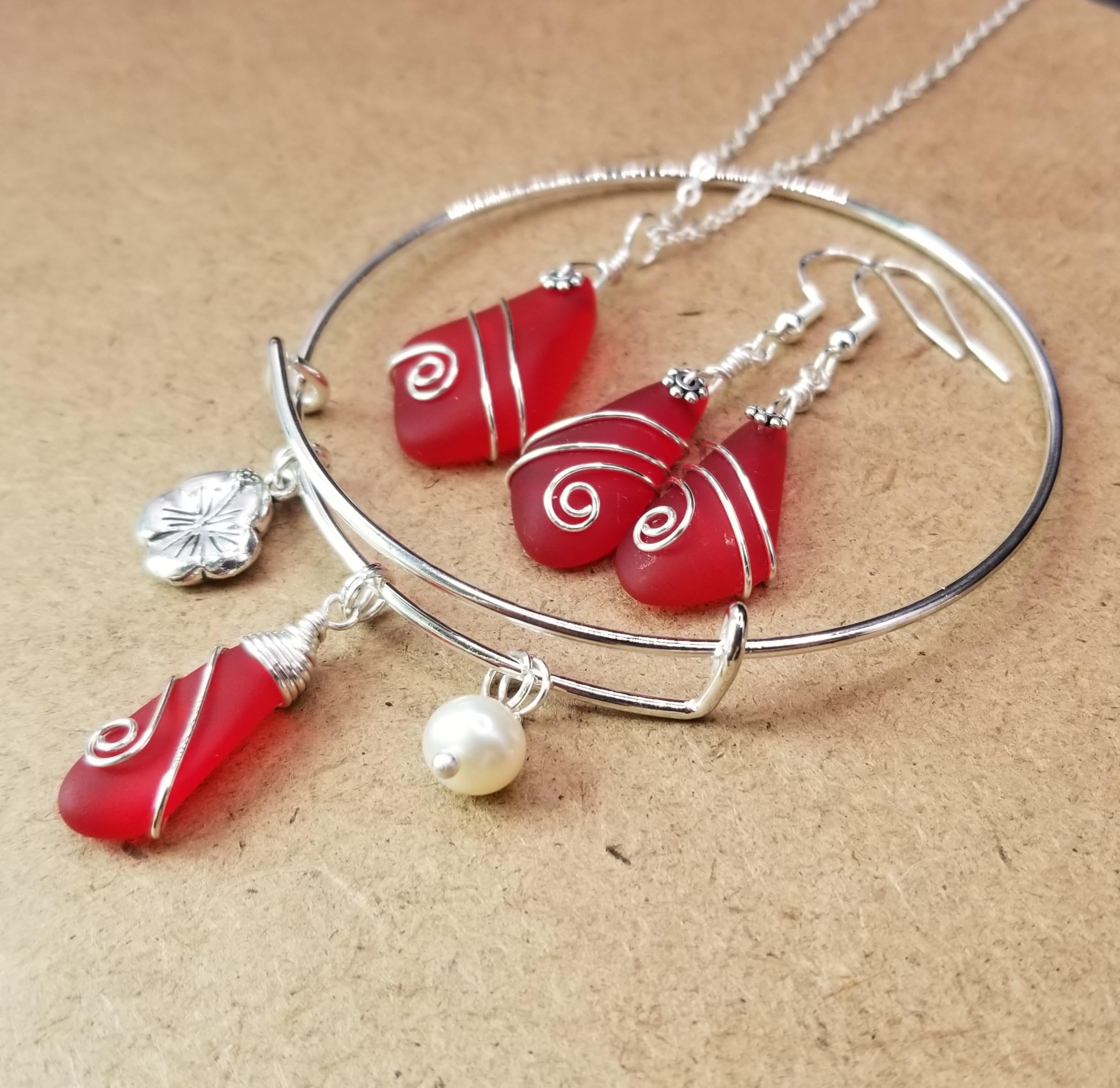 Wire Wrapped Red Sea Glass Jewelry Set - Necklace, Earrings & Bracelet with January Birthstone, Hibiscus Charm & Natural Pearl | Hawaiian Gift, Customizable Message - Perfect for Birthdays, Anniversaries & Beach Weddings