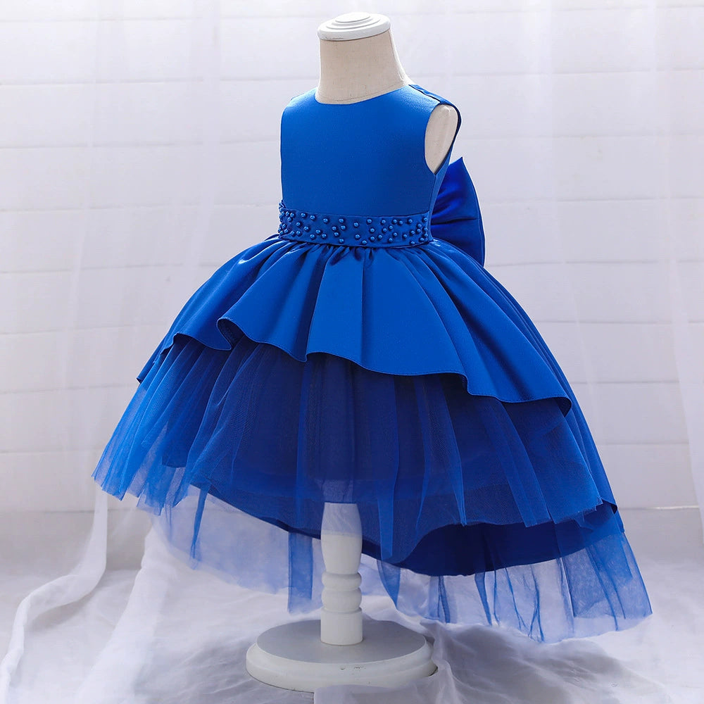 Royal Blue Satin Tea-Length Flower Girl Dress for Weddings – Princess Round Neckline for Special Occasions