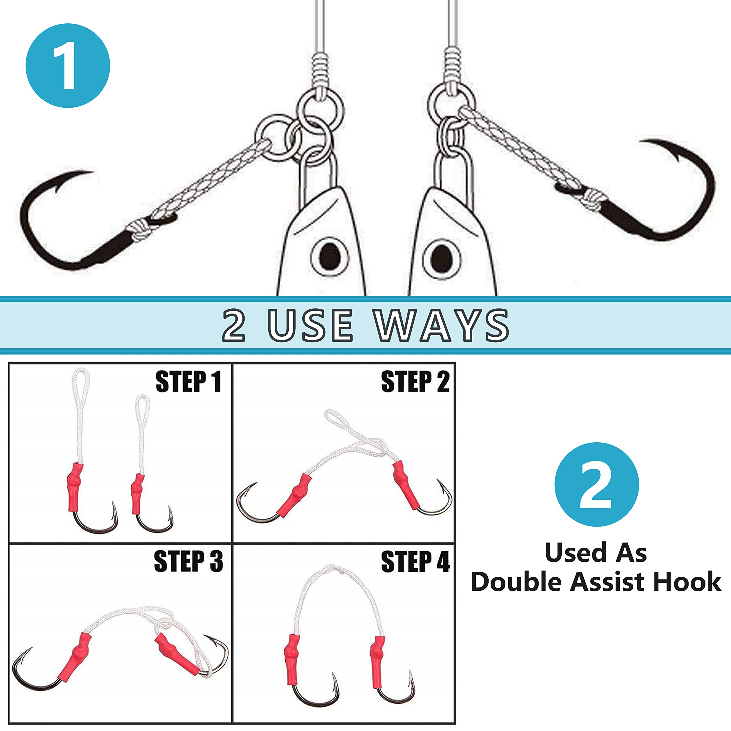 OROOTL Fishing Assist Hooks with PE Line - 60pcs Saltwater Butterfly & Slow Pitch Jigging Hooks (1/0-10/0) - Stainless Steel Vertical Jig Hooks for Trolling - Perfect for Deep Sea Fishing & Offshore Angling