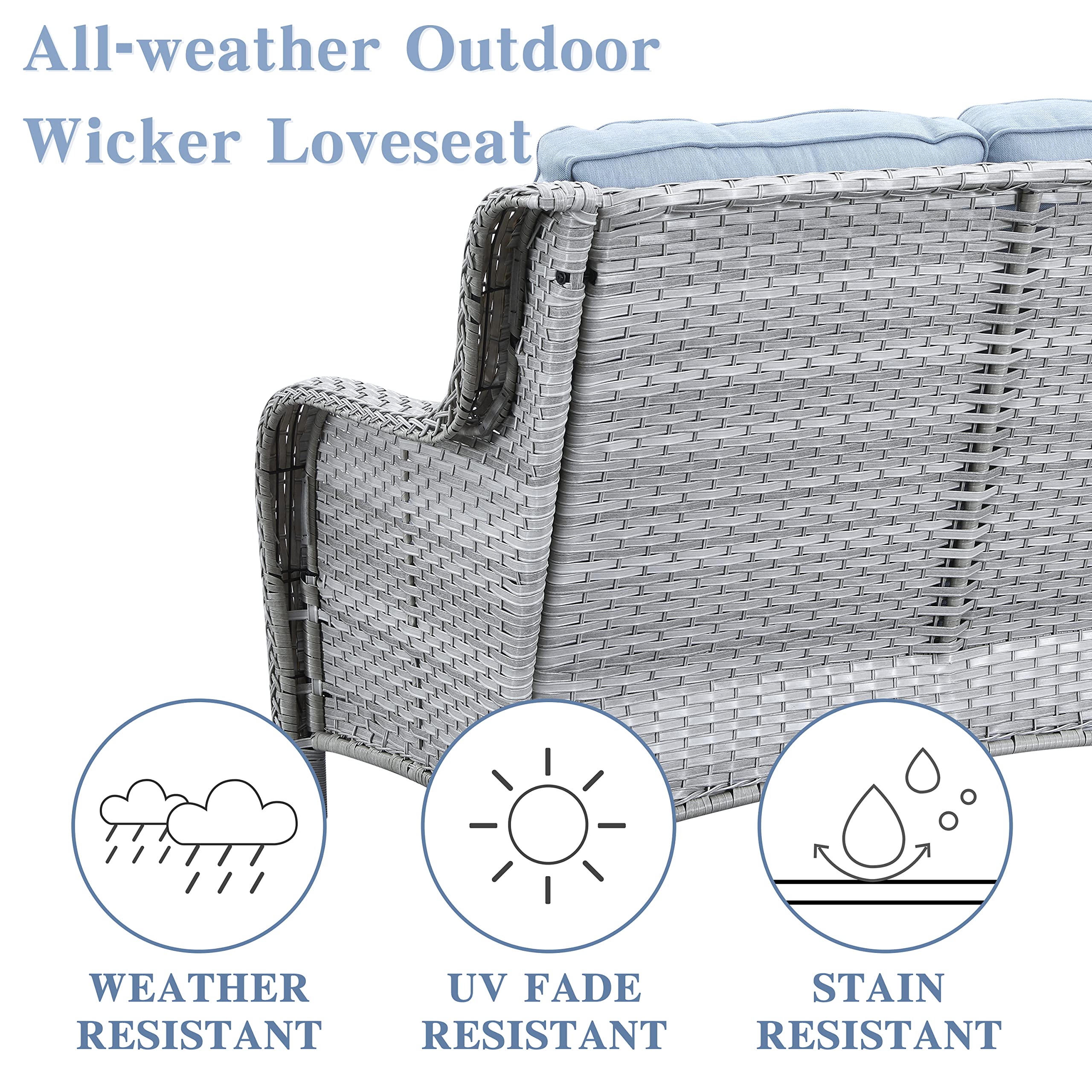 Outdoor Loveseat - 2 Seater Wicker Sofa with Baby Blue Cushion, Patio Furniture for Porch, Deck & Backyard | Perfect for Relaxing, Entertaining & Small Outdoor Spaces