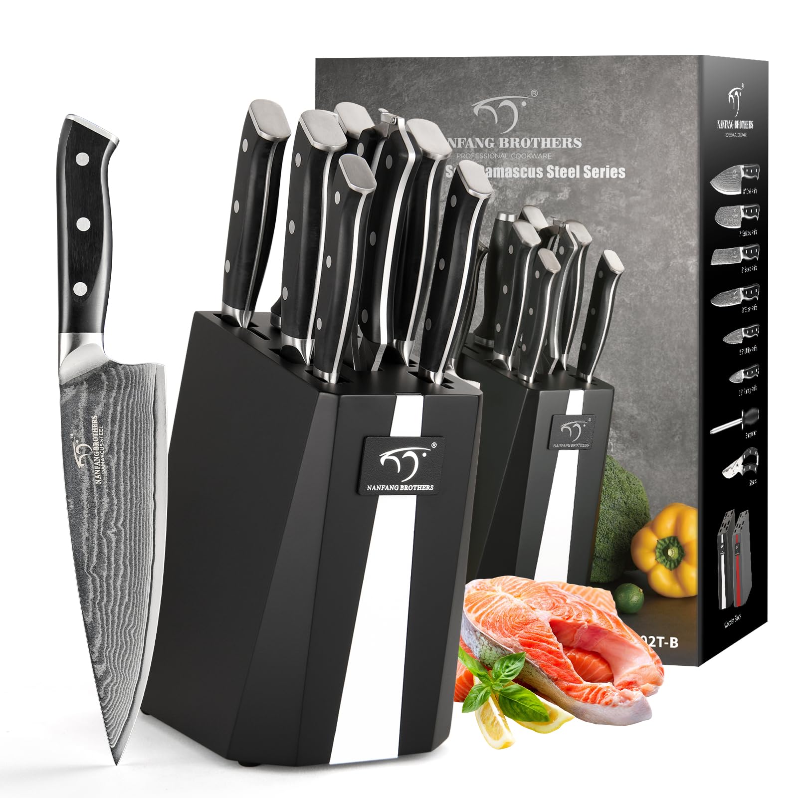 Premium 9-Piece Damascus Steel Knife Set with Block - Chef Knives, Sharpener & Kitchen Shears - Ergonomic ABS Handles for Comfort & Precision - Perfect for Home Chefs, Cooking Enthusiasts & Professional Kitchens