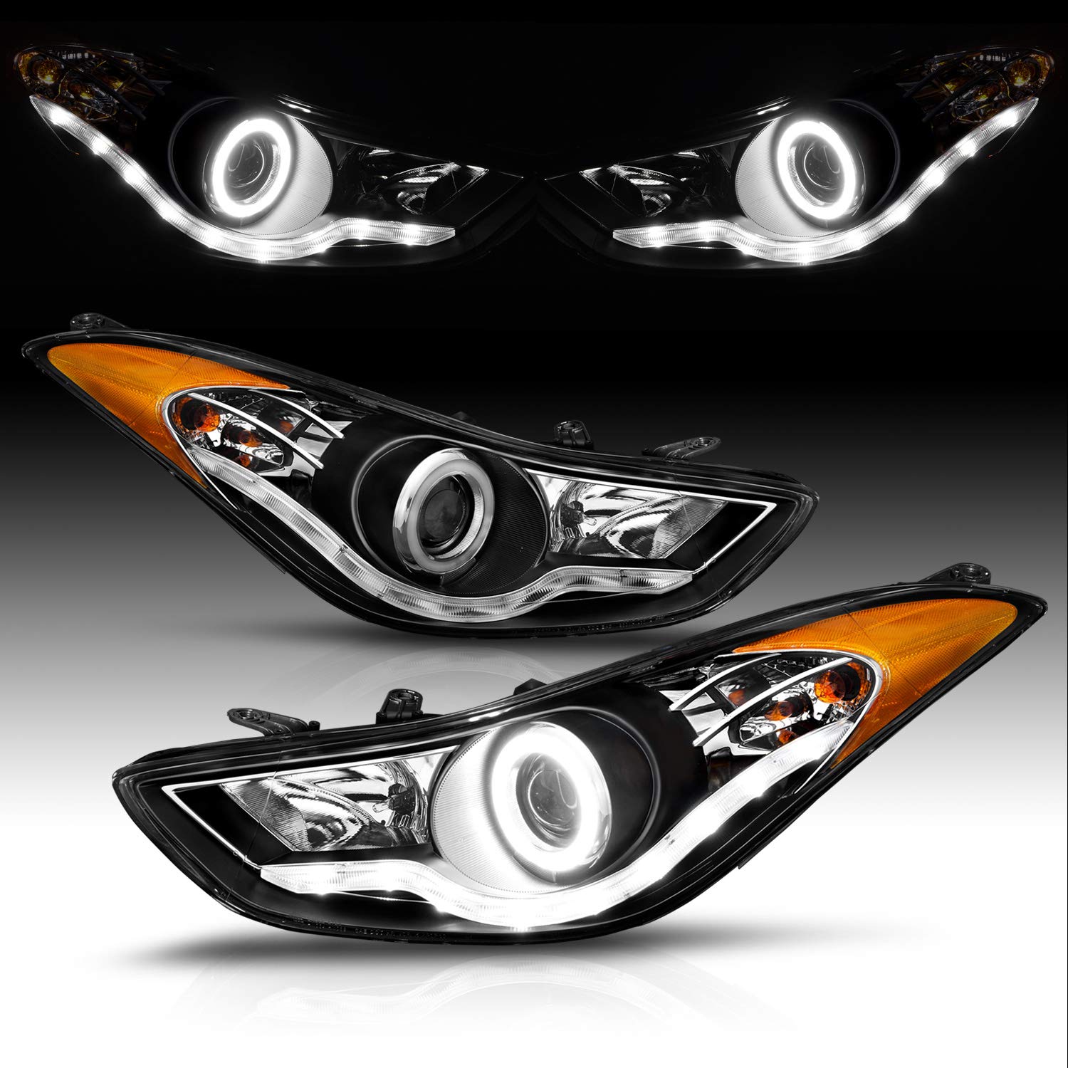 AmeriLite Xtreme LED Halo Projector Headlights for 2011-2013 Hyundai Elantra - Black Housing, High/Low Beam, Plug & Play Installation - Perfect for Night Driving & Car Customization