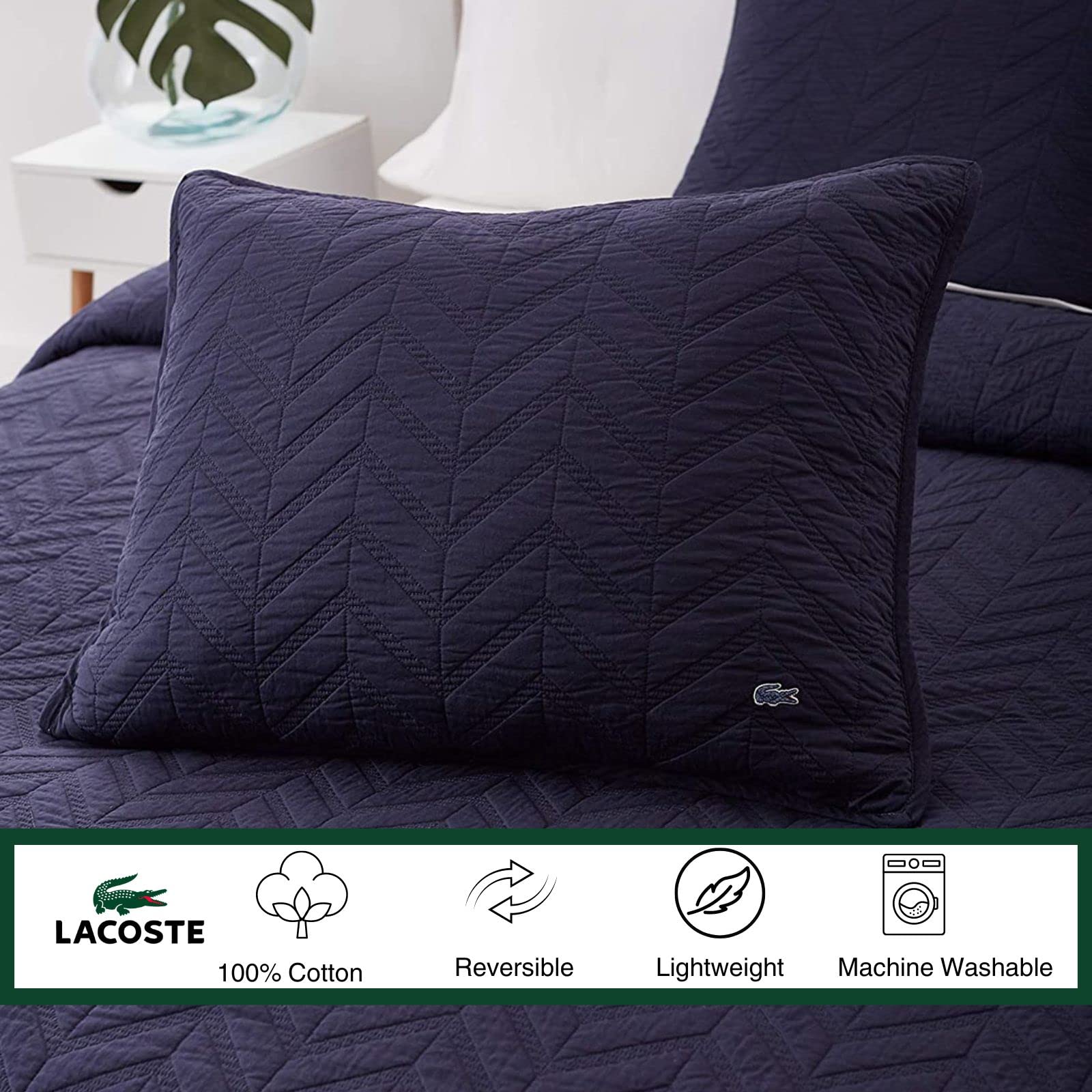 Lacoste Herringbone Stitch 3-Piece Quilt Set - Full/Queen Size, Indigo Blue Cotton Bedding for Cozy Bedroom Decor | Perfect for Guest Rooms & Master Bedrooms