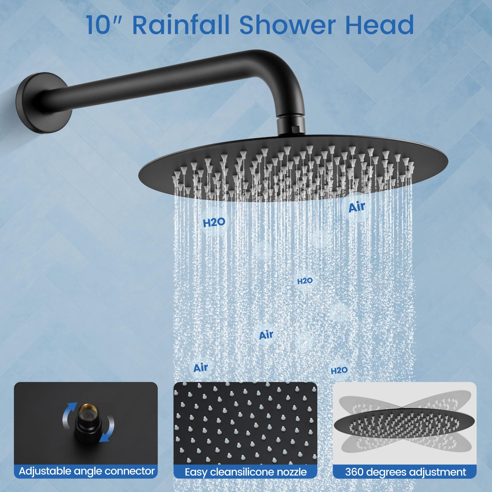 Premium Matte Black 10-Inch Round Shower System Set - 3-Function Wall Mount Rain Shower Head, 2-Function Handheld & Tub Spout Combo for Bathroom Renovation | Perfect for Modern Homes, Spa-Like Experience & Water-Saving Design