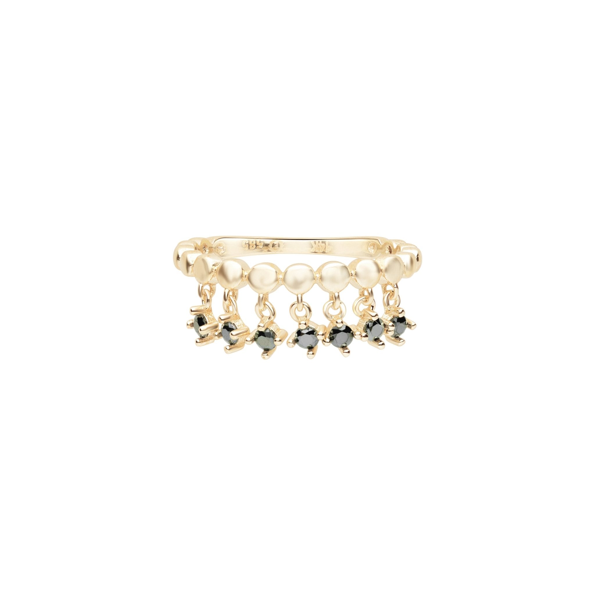 14K Yellow Gold Black Onyx Fringe Ring for Women - Elegant Boho Chic Jewelry for Parties, Weddings & Everyday Wear