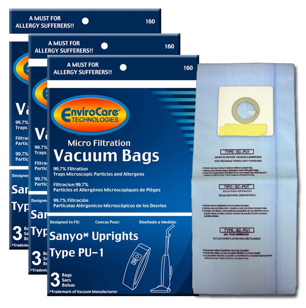 EnviroCare Replacement Micro Filtration Vacuum Cleaner Dust Bags - Compatible with Sanyo Upright Vacuum Type PU-1 (9-Pack) | High-Efficiency Dust Collection for Home & Office Cleaning