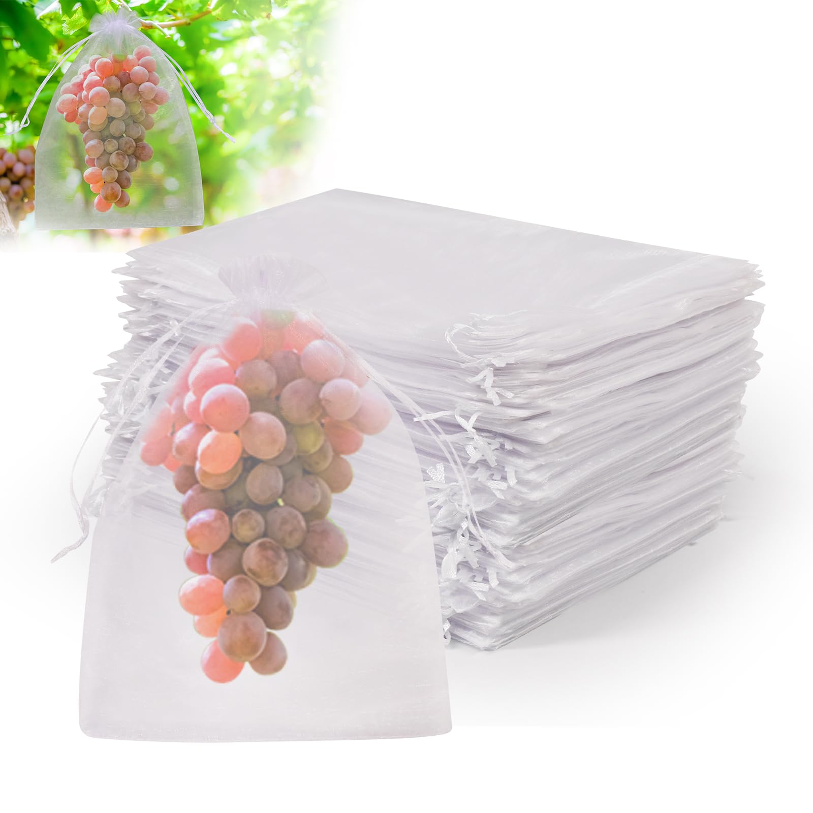 SumDirect 100PCS 8×12 Inch Large White Garden Mesh Bags with Drawstring - Breathable Fruit Protection Bags, Pest Barrier Netting Covers for Grapes, Apples, Peaches - Perfect for Home Gardening & Organic Fruit Protection