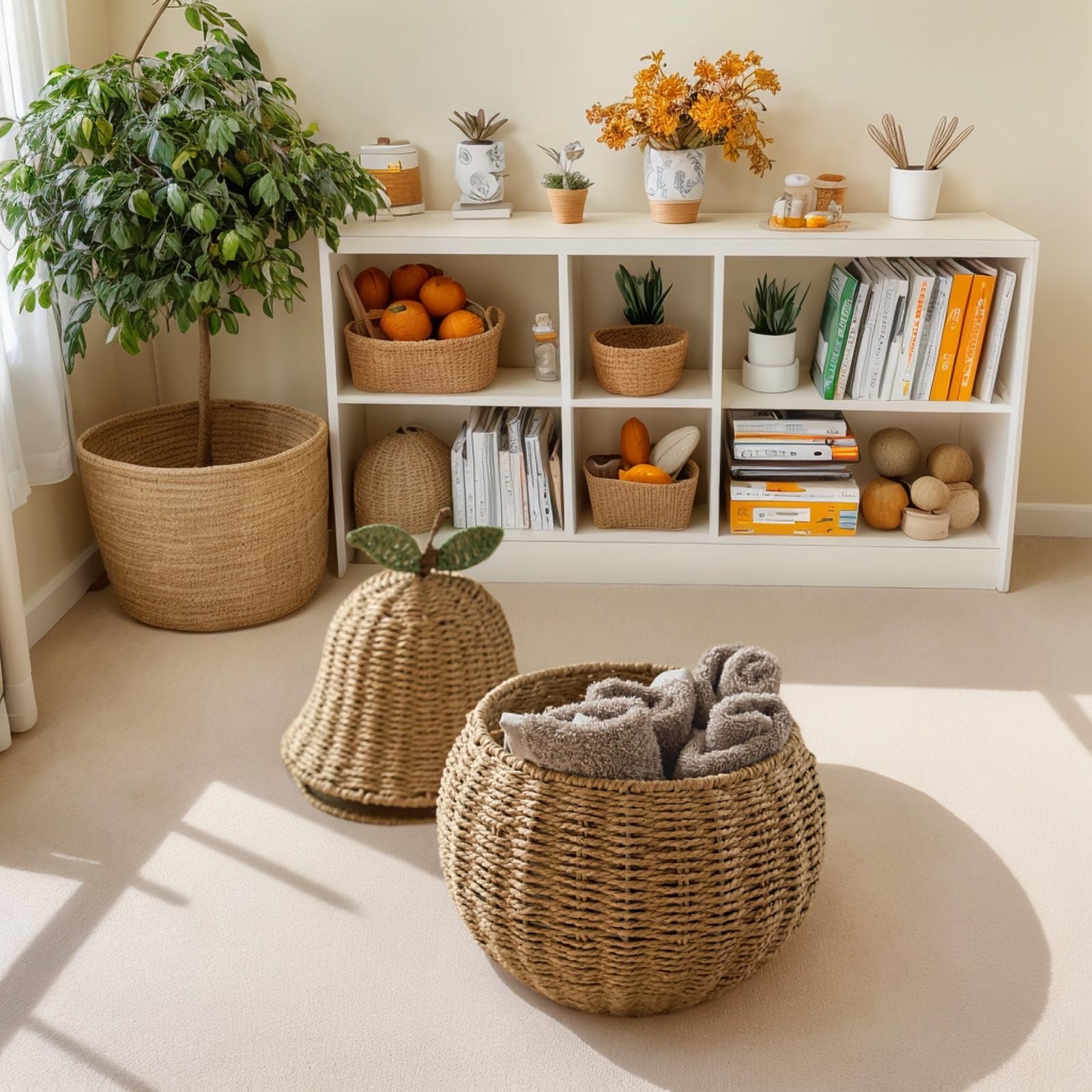 Pear-Shaped Woven Rattan Storage Basket with Lid - 21x41.5cm Cute Fruit Home Decor Organizer for Bedroom, Office & Bathroom | Eco-Friendly Storage Bin for Toys, Blankets & Laundry