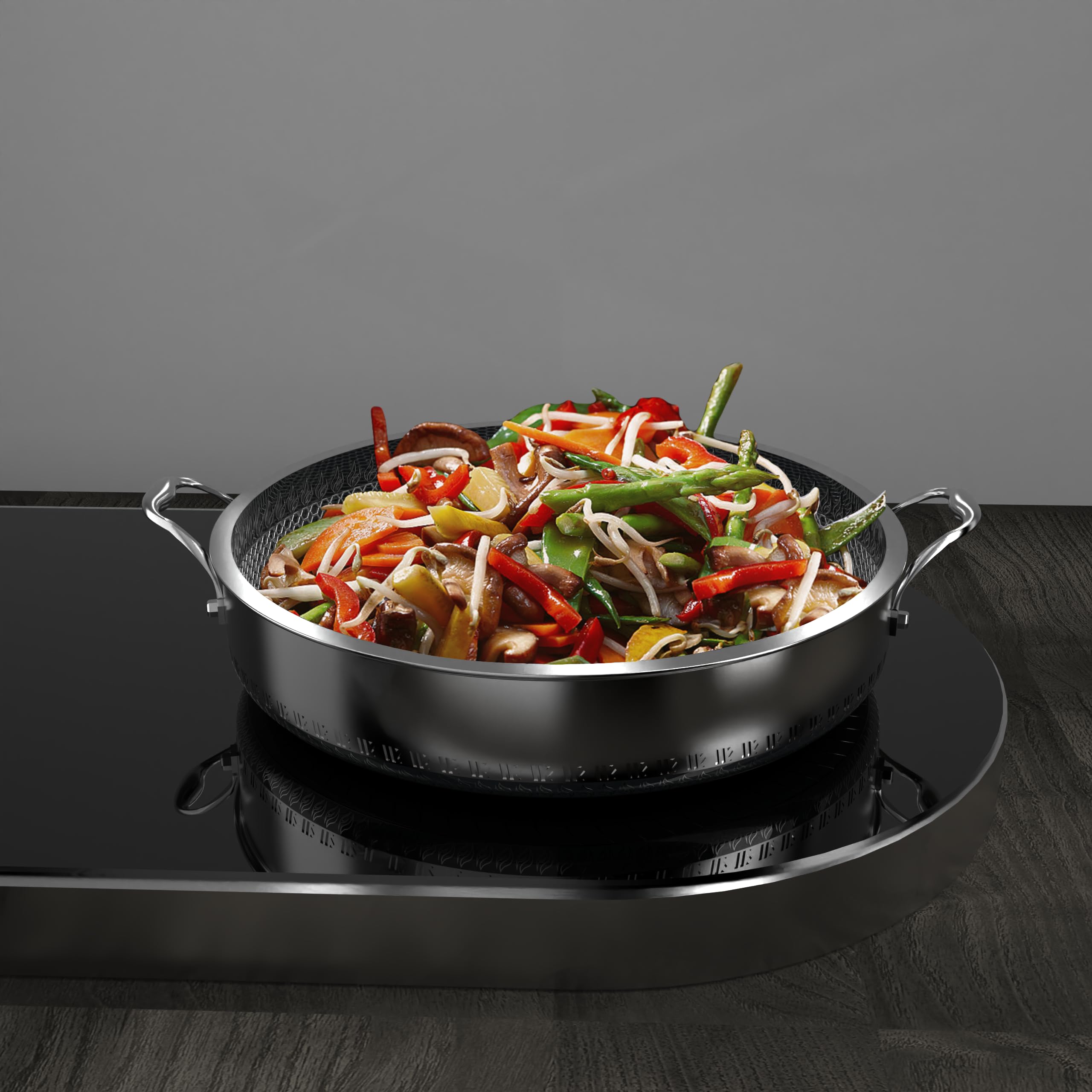 Premium 316L Stainless Steel 8QT Hexagonal Nonstick Frying Pan with Lid - PFOA Free, Dishwasher & Oven Safe - Ergonomic Dual Handles for Easy Cooking - Perfect for Stir-Frying, Sautéing & Family Meals