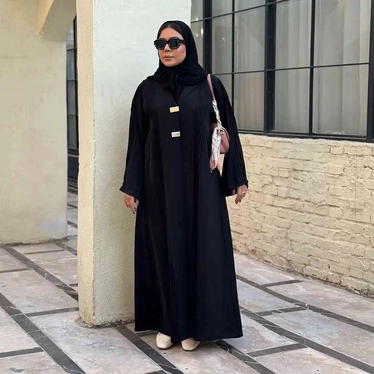 Elegant Pleated Arab Dubai Open Abaya Dress #25189 - Modest Muslim Fashion for Women, Perfect for Prayer, Weddings & Special Occasions