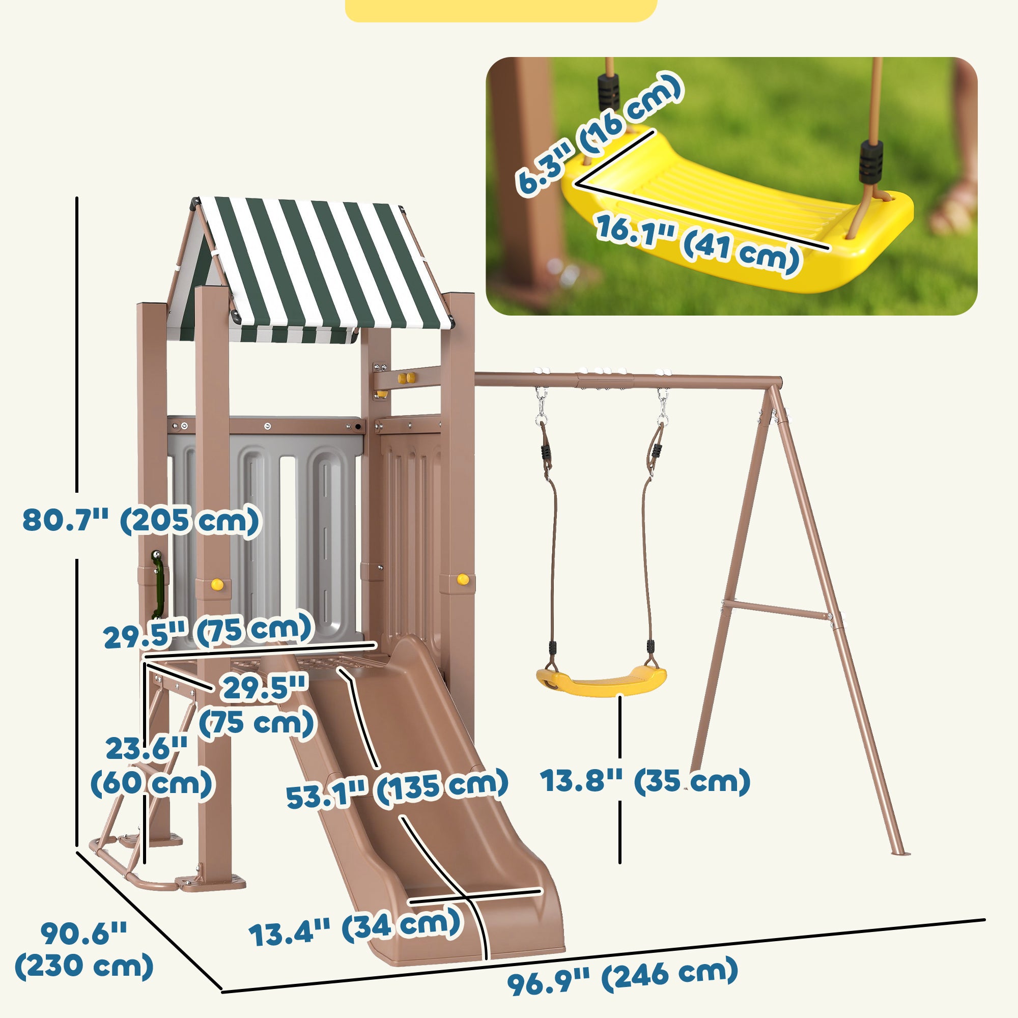 Qaba 4-in-1 Outdoor Kids Swing Set with Slide, Playhouse Fort, Climbing Ladder & Ground Anchors - Durable Backyard Playset for Children Ages 3-8 Years (Brown) - Perfect for Gardens, Parks & Outdoor Family Fun