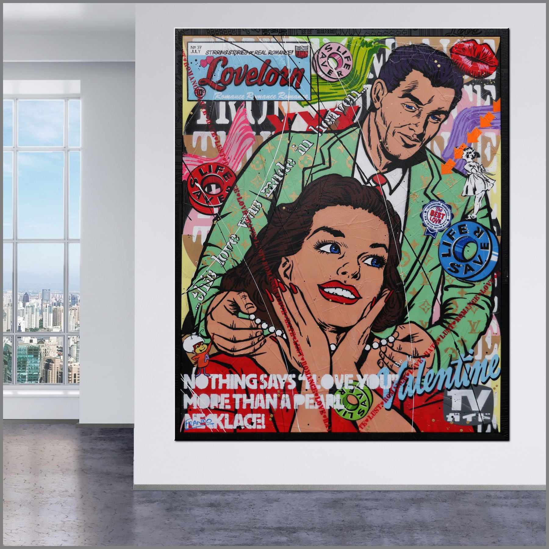 120cm x 150cm Pearl Necklace Textured Urban Pop Art Painting - Love & Pearl Theme with Custom Etched Frame - Perfect for Home Decor, Office Wall Art & Gift Giving