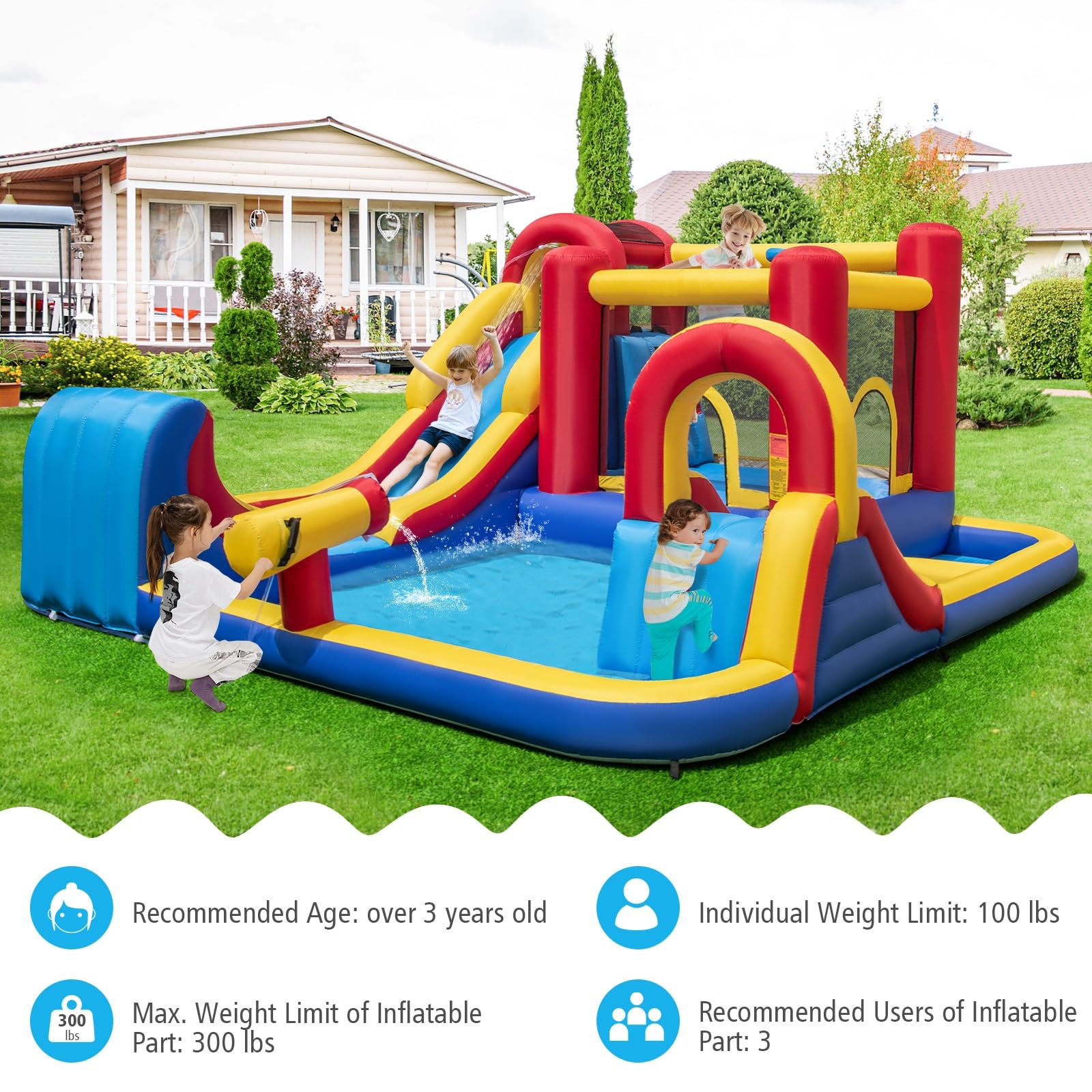 BOUNTECH Inflatable Water Slide Park - 7-in-1 Giant Bounce House with Dual Racing Slides, Splash Pool & Water Sprayer | Outdoor Summer Fun for Kids & Adults | Perfect for Backyard Parties, Birthday Gifts & Family Gatherings