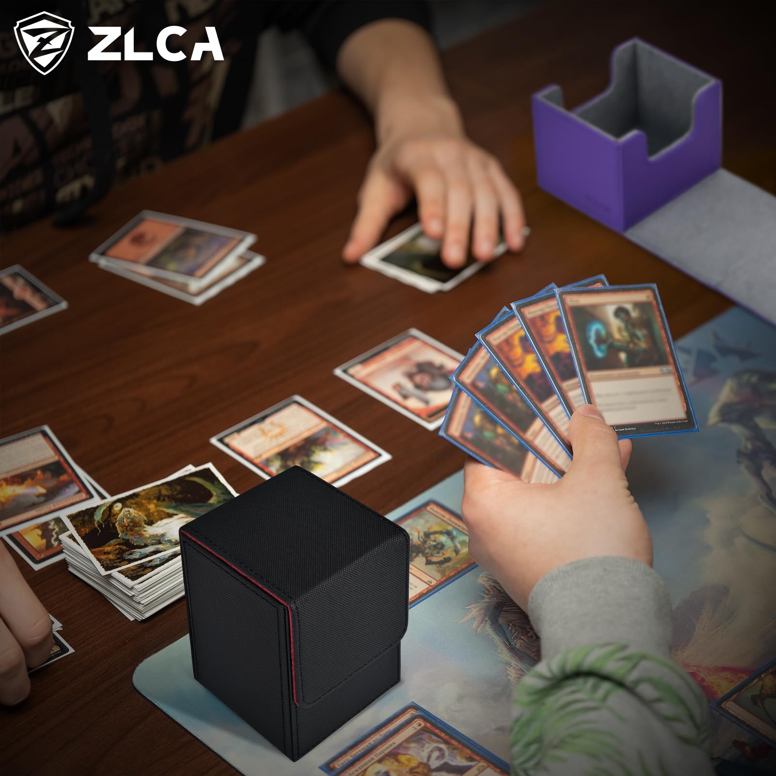 Premium ZLCA Trading Card Deck Box - Holds 100+ Single Sleeved MTG, YuGiOh, Pokemon & TCG Cards | PU Leather Magnetic Closure Storage Case for Magic The Gathering, CCG Games (Black & Red) - Perfect for Tournaments, Game Nights & Collectors