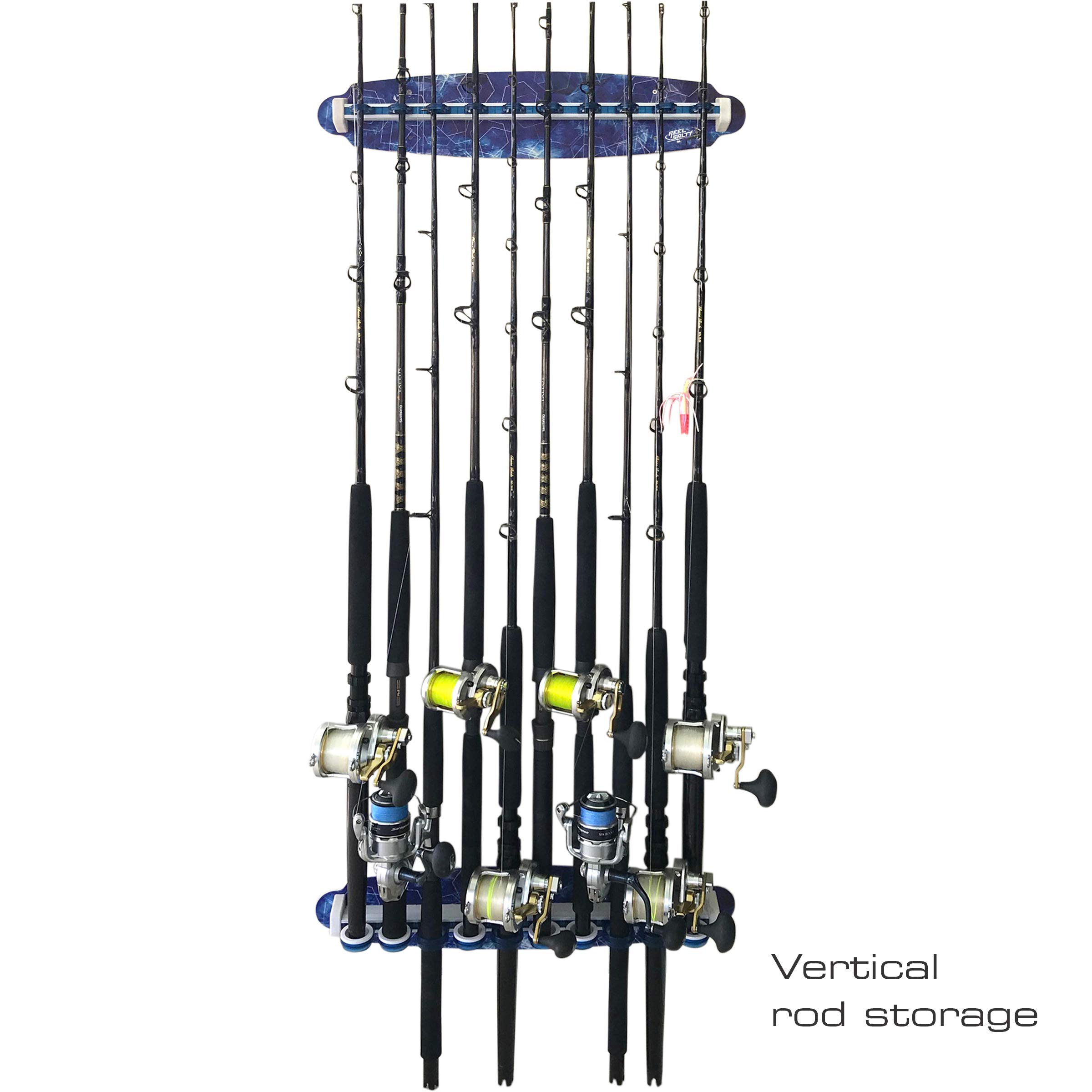 Rush Creek Creations Reel Salty Waterproof Fishing Rod Holder - Holds 10 Saltwater Fishing Poles & Gear | Durable Offshore/Inshore Wall Mount Organizer for Garage, Boat & Tackle Room Storage