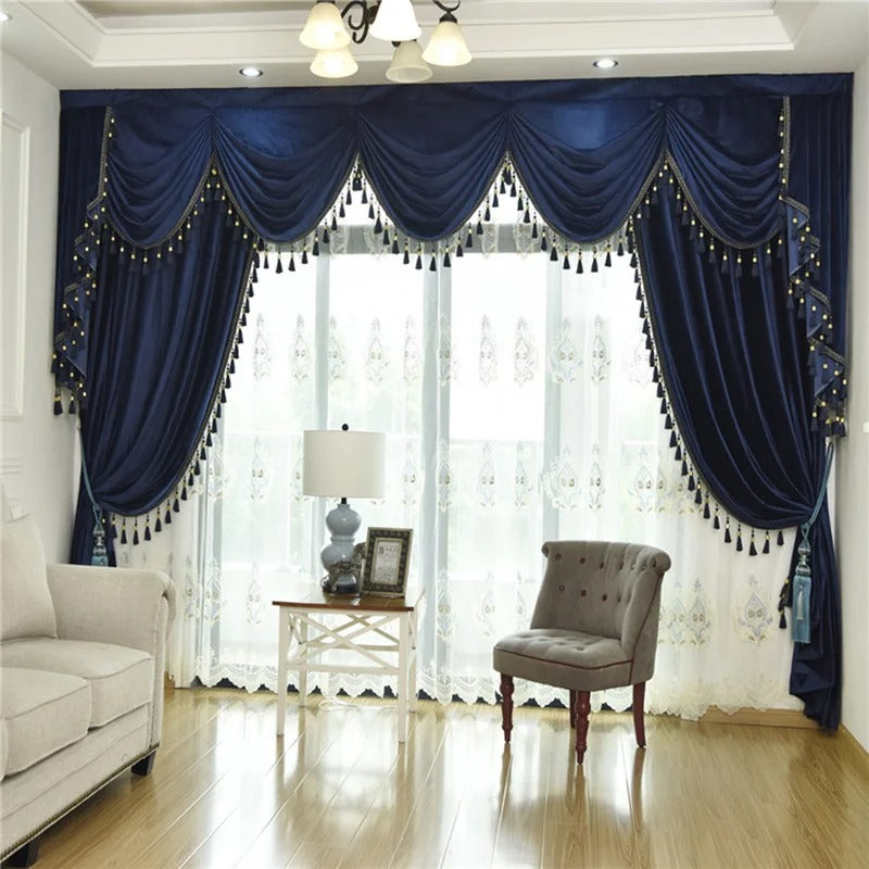 Elegant Mila Classic Velvet Curtains with Tassel Lace Trim - Midnight Blue Blackout Drapes for Living Room & Bedroom