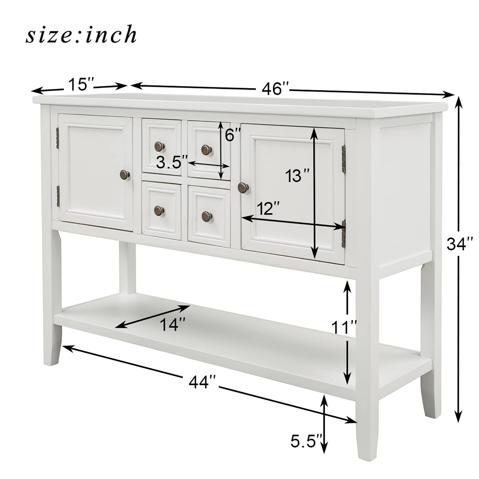 Rustic White Console Table with 4 Drawers & Open Shelf - Entryway Sideboard, Buffet Storage Cabinet for Living Room | Distressed Finish, Easy Assembly | Perfect for Hallway Decor, Farmhouse Dining Room Storage & Entry Organizer