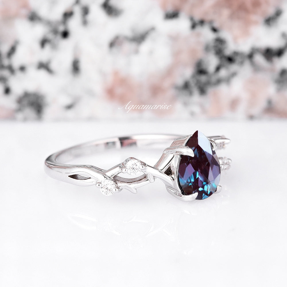 14K White Gold Alexandrite Leaf Ring – Elegant Twisted Vine Design for Women, Perfect for Weddings, Anniversaries & Special Occasions
