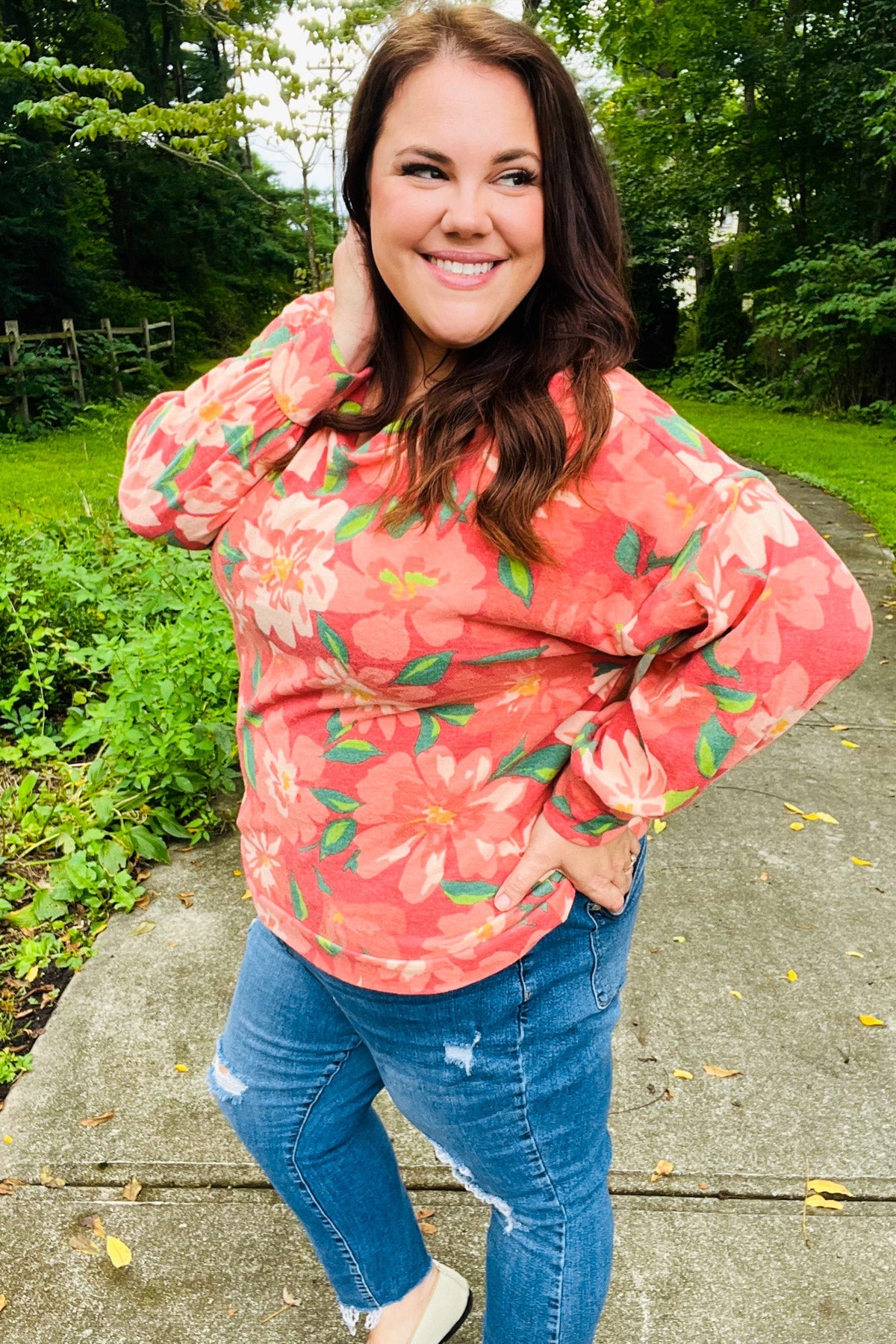 Stylish Red Floral Brushed Hacci Sweater Top for Women | Soft Comfortable Knit Pullover | Perfect for Fall Outfits, Date Nights & Casual Wear