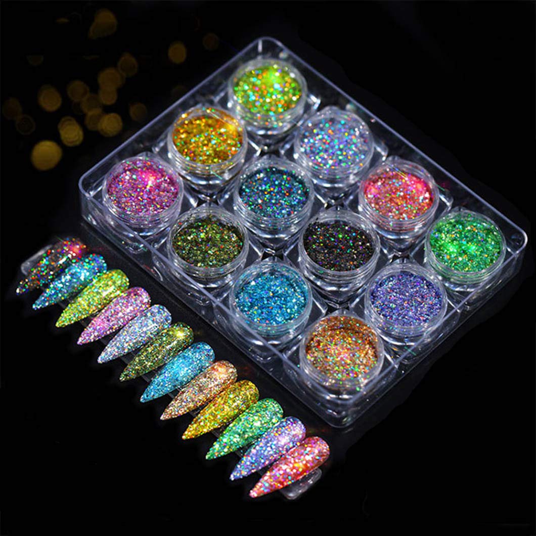 Sethexy 12 Colors Holographic Glitter Superfine Nails Sequins - Mixed Iridescent Paillette for Nail Art & DIY Manicure - Perfect for Nail Salon, Home Use, and Party Makeup