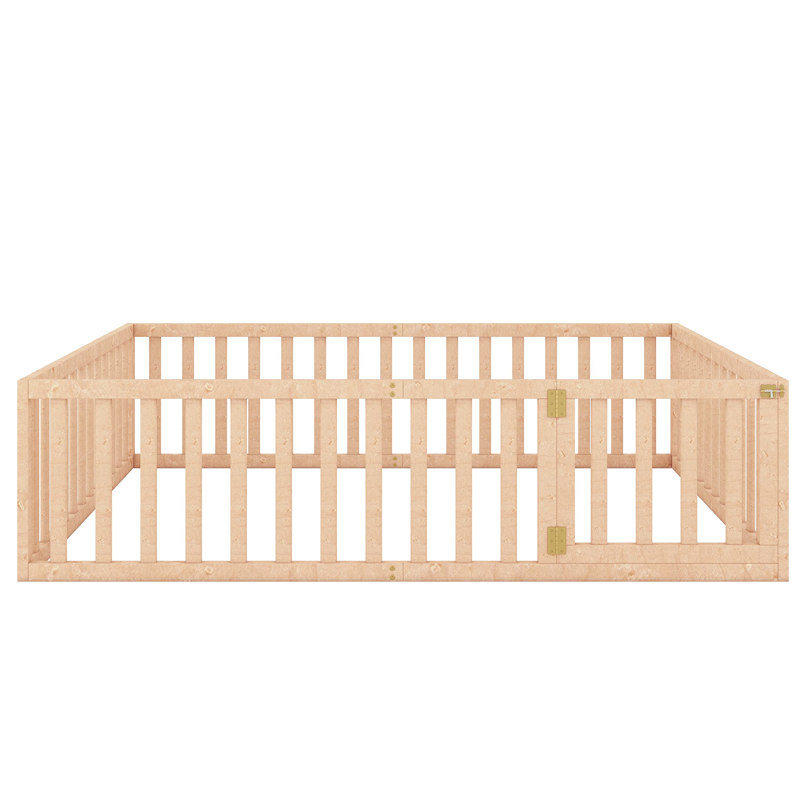 LZ LEISURE ZONE Solid Wood Queen Size Platform Bed Frame with Fence & Door - Sturdy Daybed for Bedroom, Guest Room, or Dorm - Natural Wood Finish