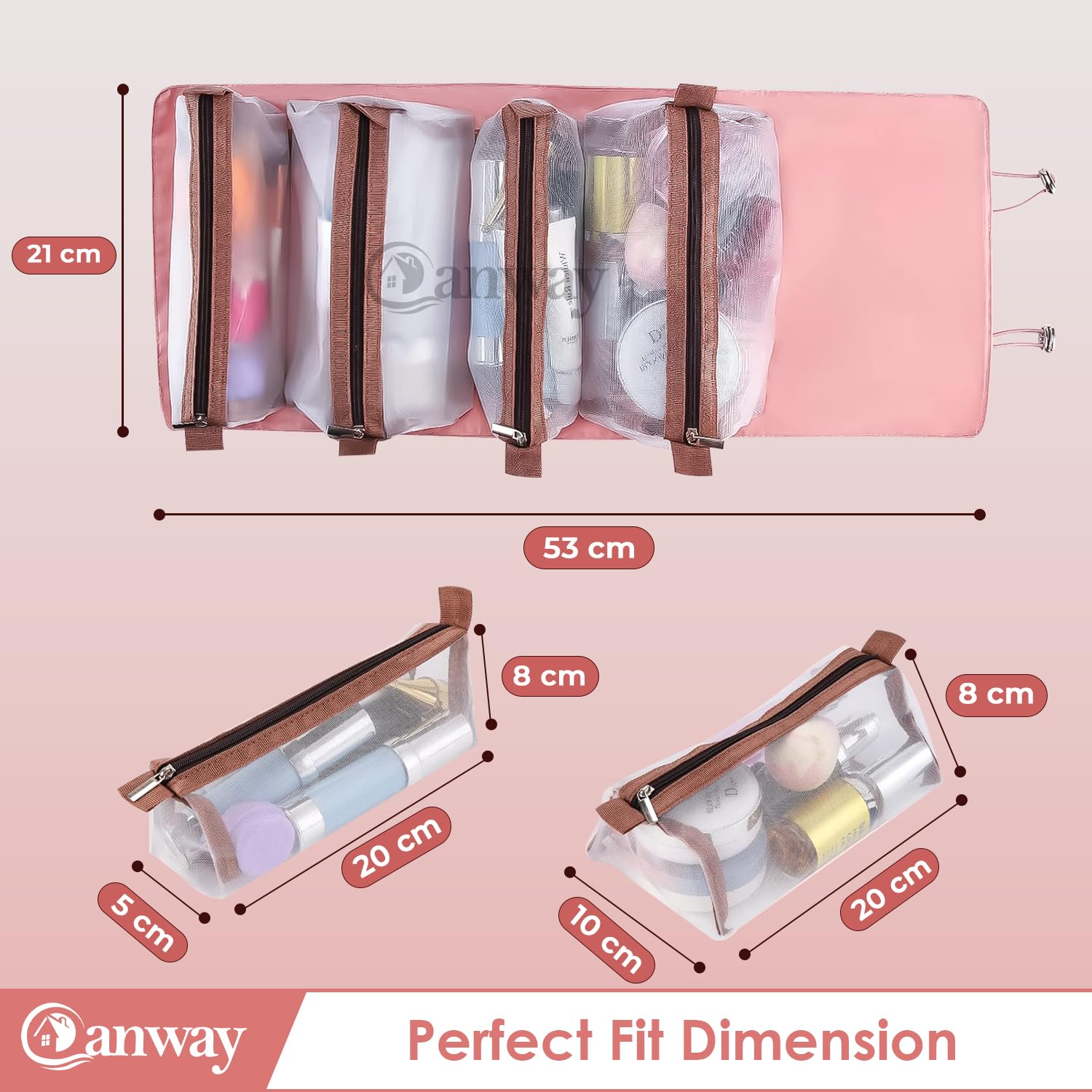 CANWAY® 4-in-1 Foldable Hanging Cosmetic Organizer - Travel Toiletry Bag for Women, Pink | Perfect for Bathroom Storage, Makeup Organization & Suitcase Packing