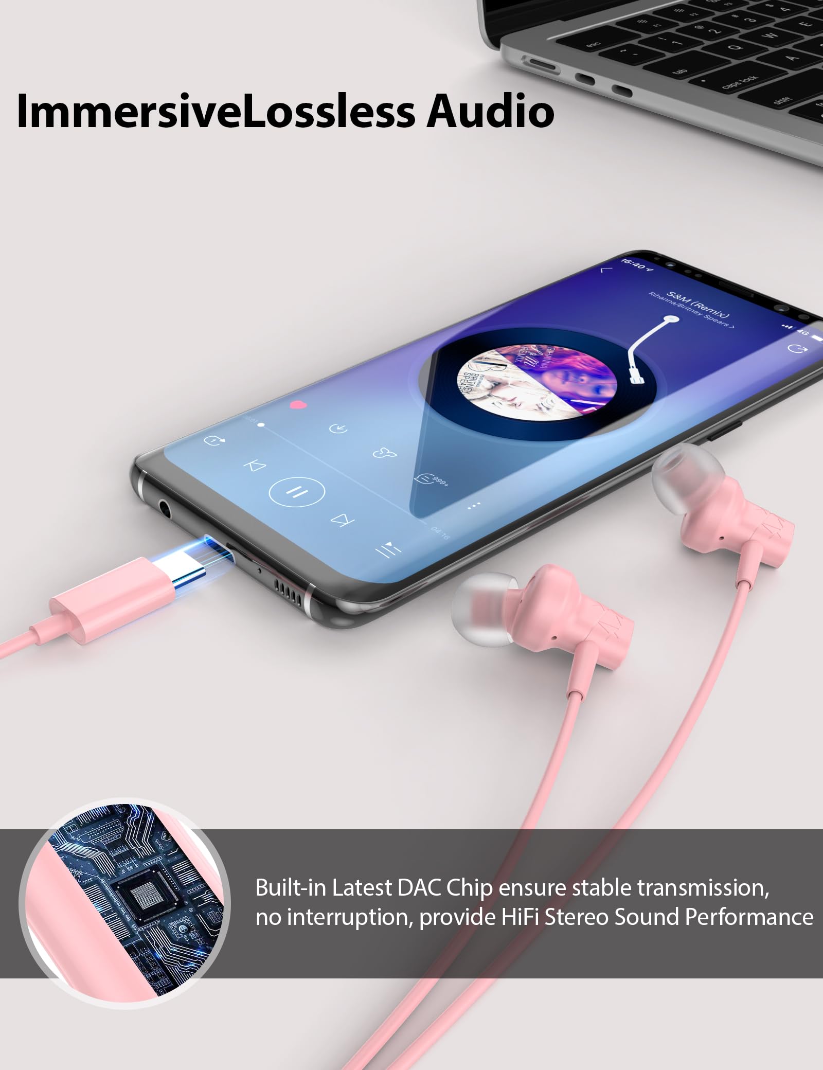 Lightweight USB C Wired Earbuds with Mic - Pink Noise Isolating Magnetic Earphones for iPhone 16 Pro Max/15 Plus, iPad Pro/Air, Samsung & Google Phones | Perfect for Girls, Women & Kids | Great for Commuting, Workouts & Online Classes