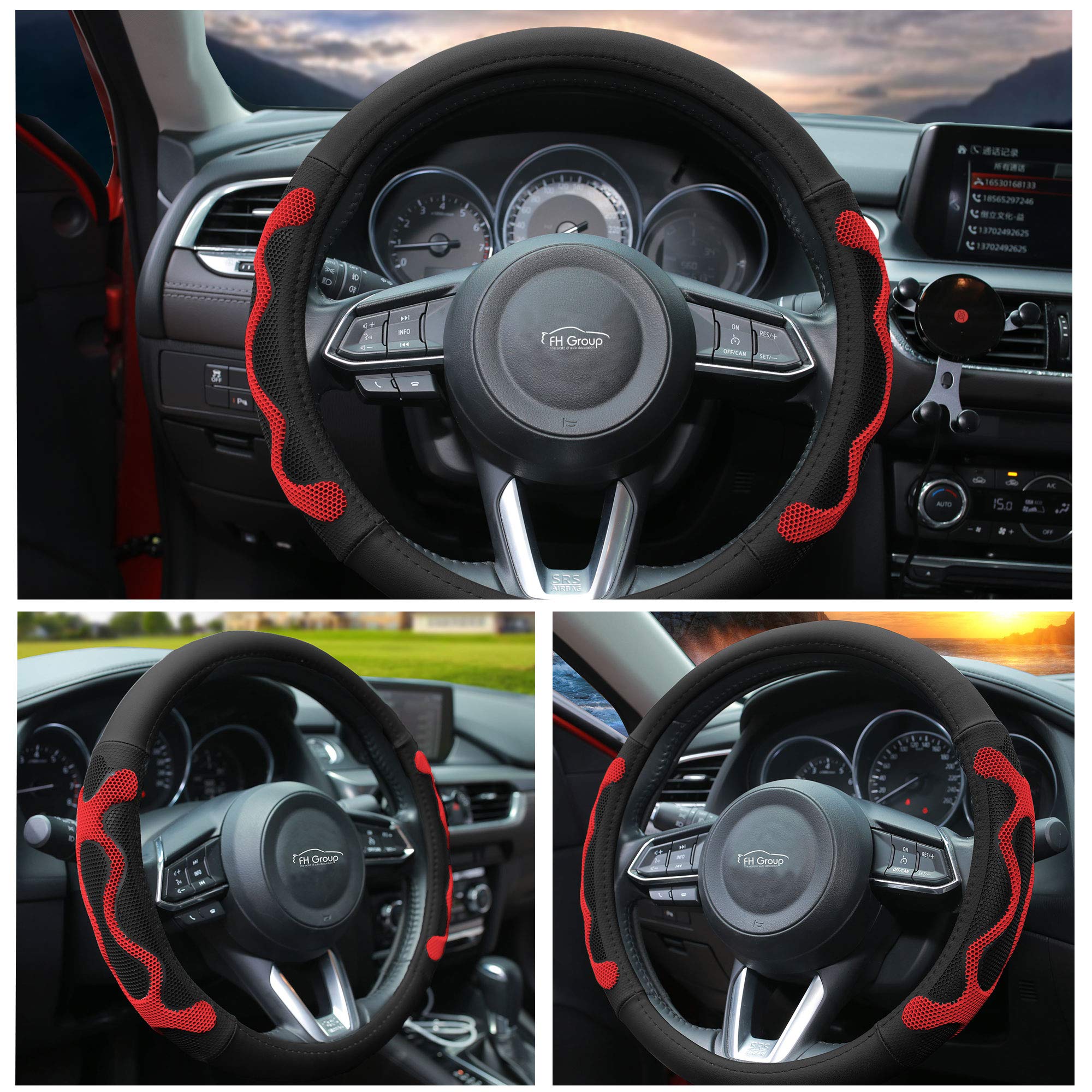 TLH Universal Leather Car Steering Wheel Cover with Silicone Anti-Slip Grip - Red Color for Comfort & Style | Perfect for Daily Commute, Road Trips & Enhanced Driving Experience