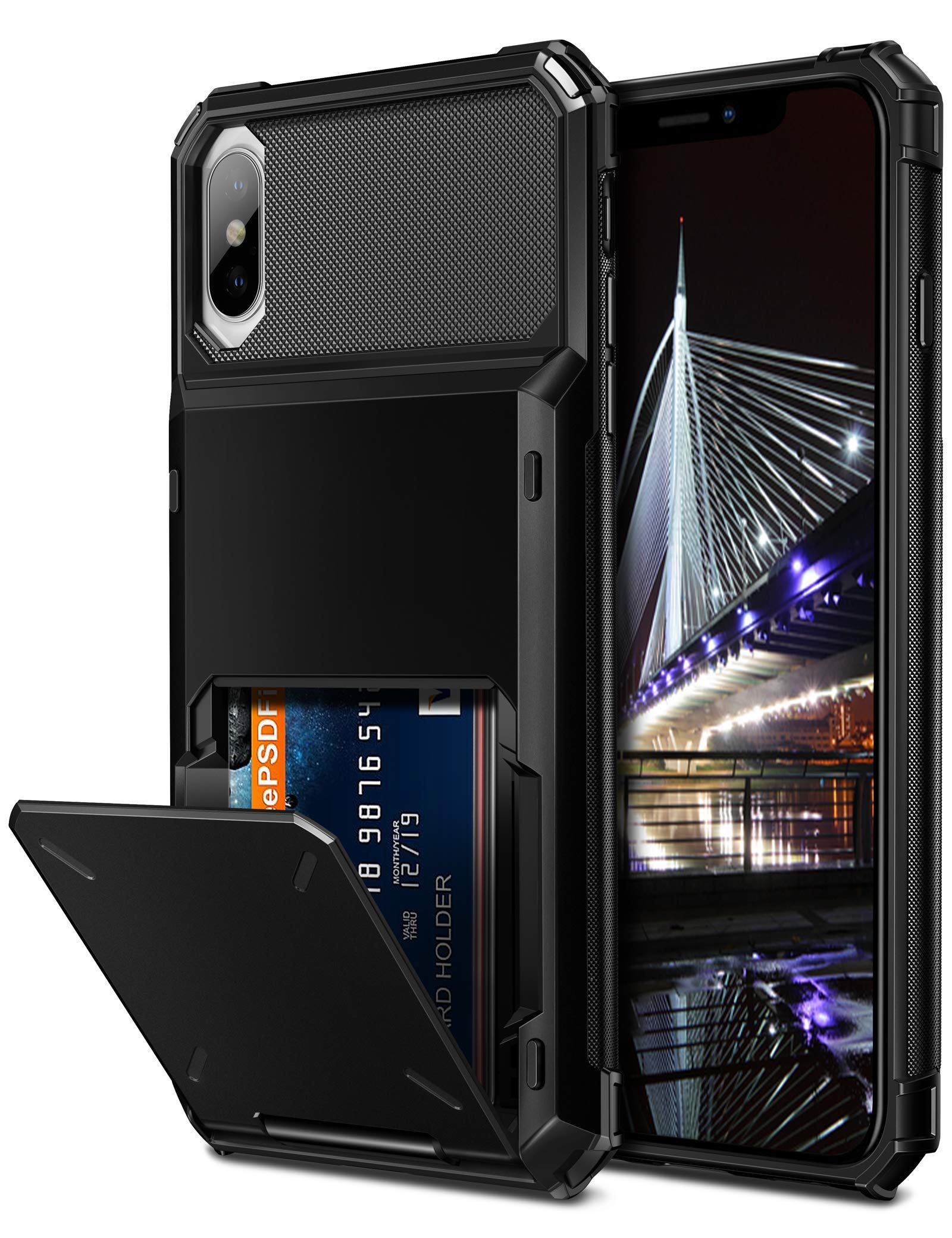 Vofolen iPhone Xs Wallet Case - Slim Dual Layer Protective Cover with 4-Card Slot & Credit Card Holder - Scratch Resistant Rugged TPU Rubber Armor Hard Shell for iPhone X/XS/10/10S (Black) - Perfect for Everyday Use, Travel & Business Professionals