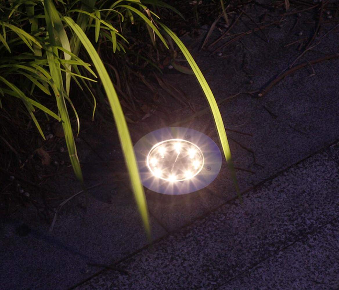 8 LED Solar Ground Lights - Waterproof Outdoor Disk Lights for Garden, Lawn, Yard, Walkway, Pool, Patio & Pathway - Warm White Aluminum Casting Shell (Pack of 2) - Perfect for Nighttime Landscape Lighting and Safety Illumination
