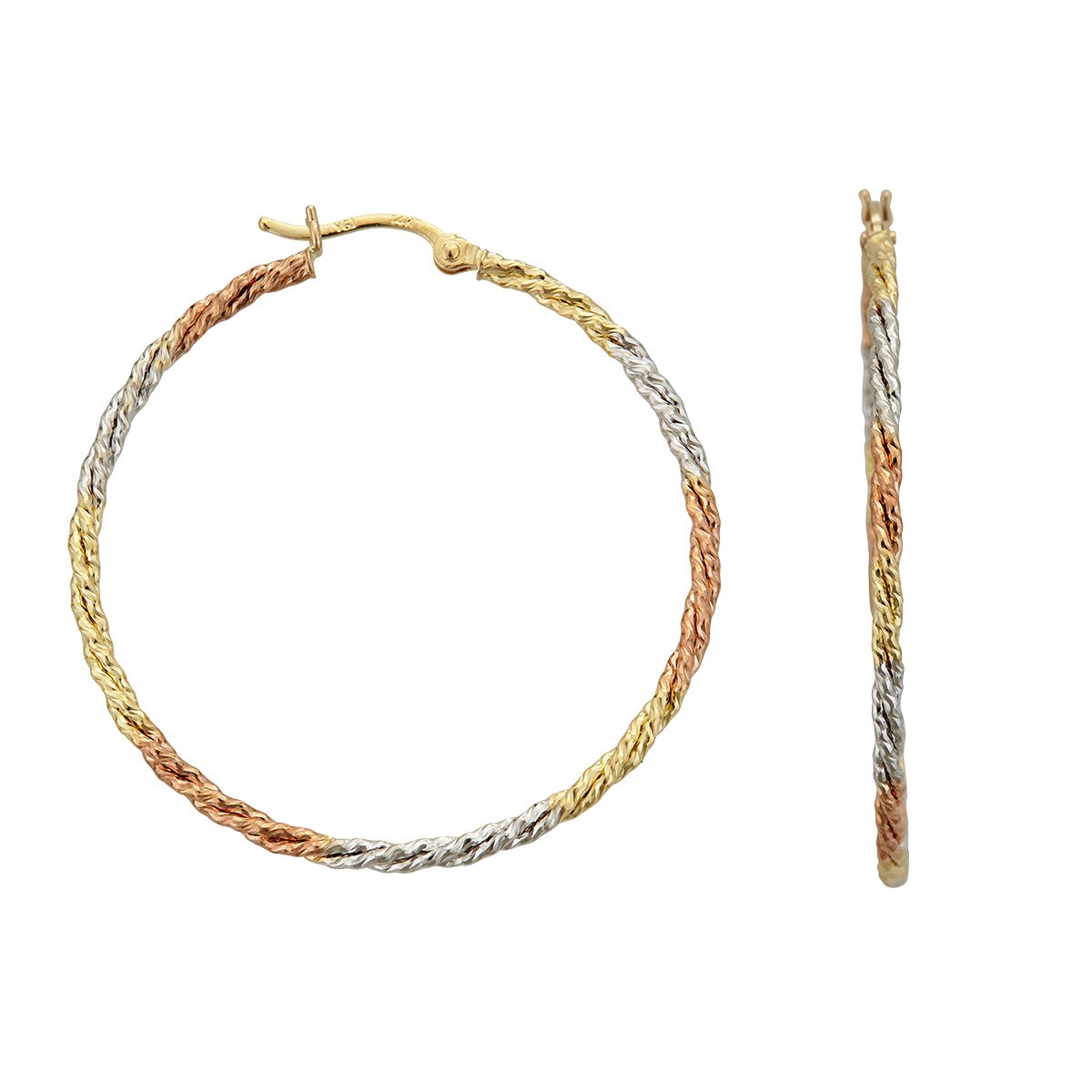 14K Tri-Color Gold Solid Two-Row Twisted Diamond Cut Hoop Earrings for Women | 2mm Thick Italian Gold Hoops | Secure Click-Top Closure | Shiny Polished Everyday Jewelry (15mm-45mm) | Perfect for Office, Date Night & Special Occasions