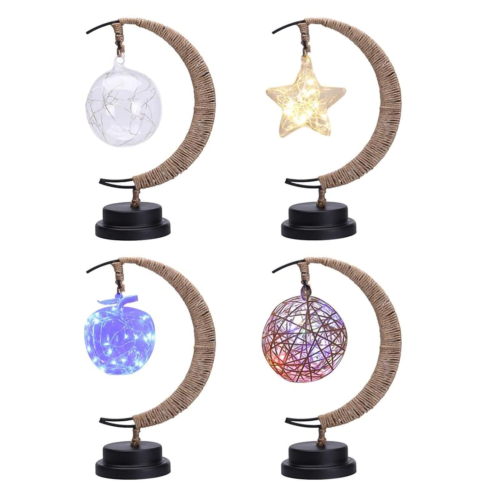 Handmade Hemp Rope Wrought Iron LED Night Light - Moon, Stars, Apple & Sepak Takraw Shapes - Purple Bedside Table Lamp for Romantic Bedroom Decor (Size B) | Perfect for Nursery, Kids Room & Cozy Home Ambiance