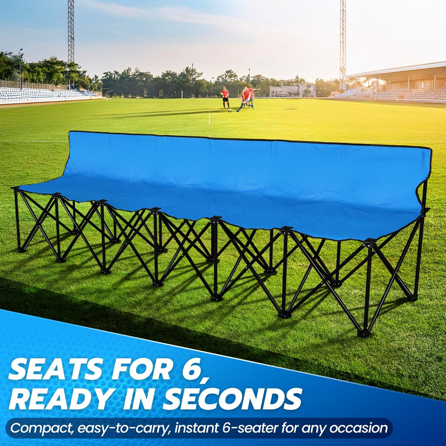 Flexzion Portable Folding Bench Seat - 6 Person Collapsible Soccer Bench with Backrest & Carry Bag - Perfect for Bleachers, Camping, Sports Sidelines, Outdoor Events & Picnics - Durable Blue Bench Seating Solution