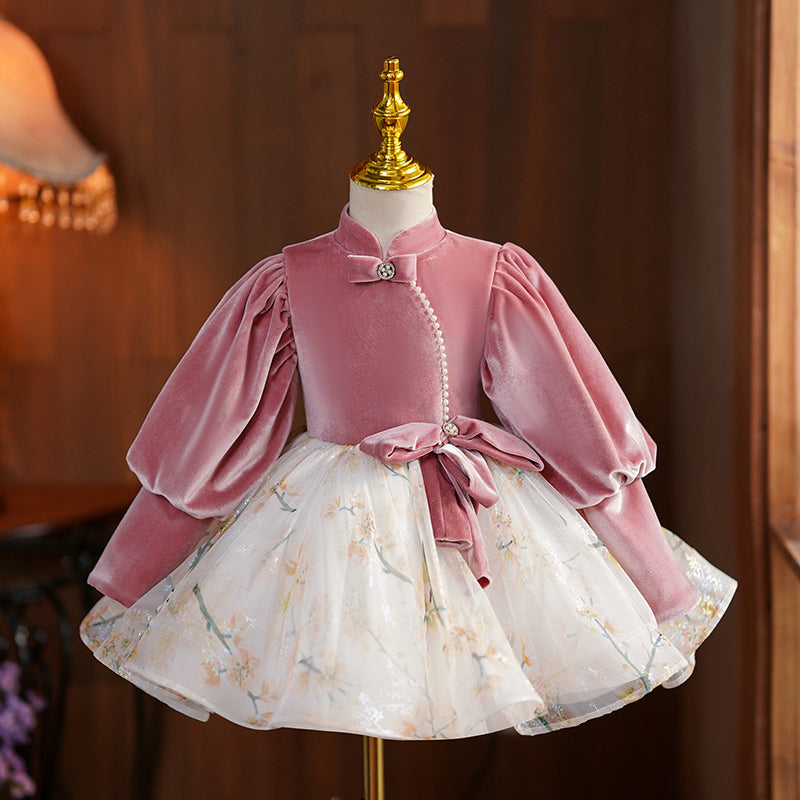 Pink Velvet Tulle Princess Flower Girl Dress with Beaded Lantern Sleeves - Perfect for Weddings, Birthday Parties & Special Occasions