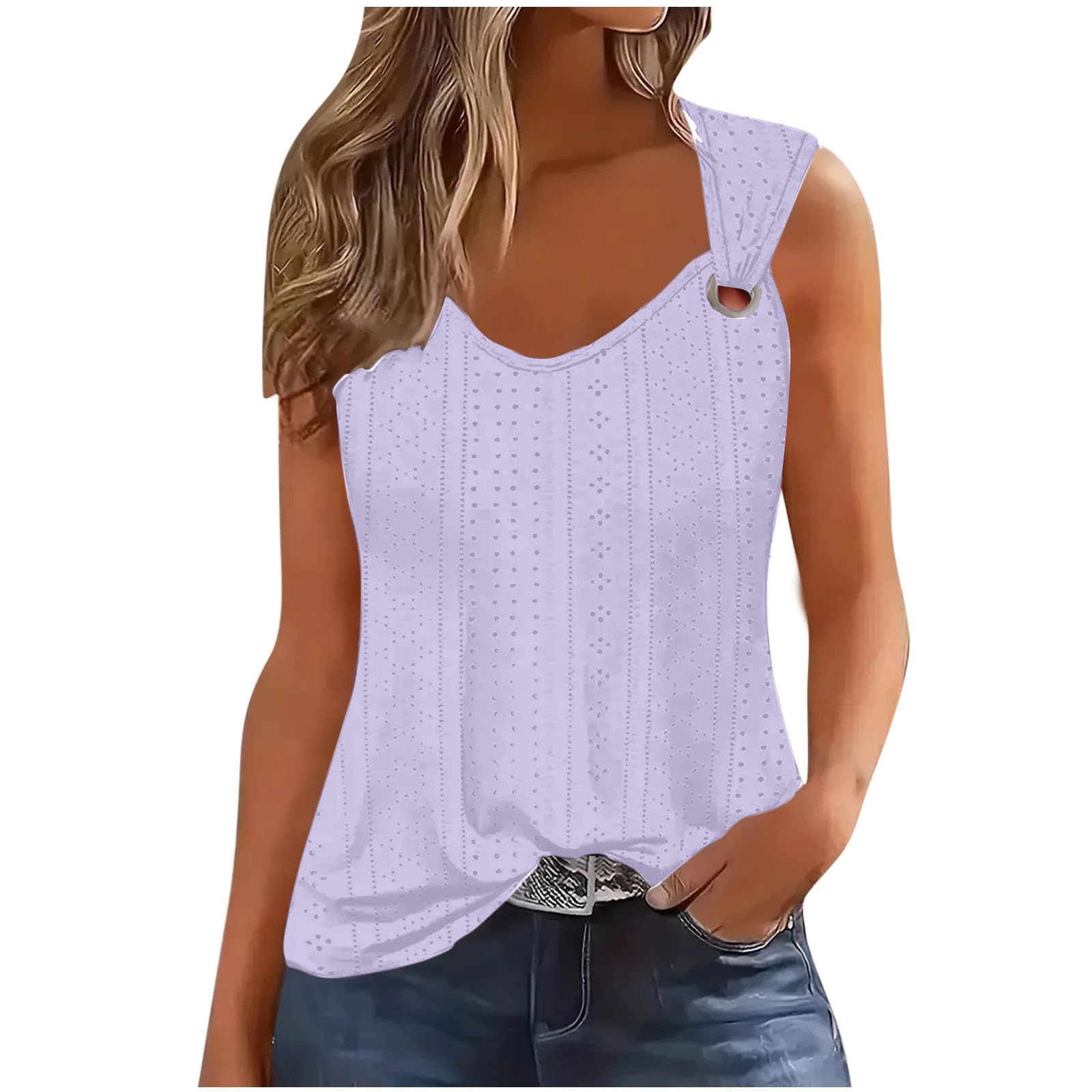 Women's Eyelet Tank Tops - Sexy Hollow Out Sleeveless Blouse with O-Ring Straps, Trendy Loose Fit Summer Shirt for Casual Wear & Dressy Occasions | Perfect for Beach, Party and Everyday Outfits