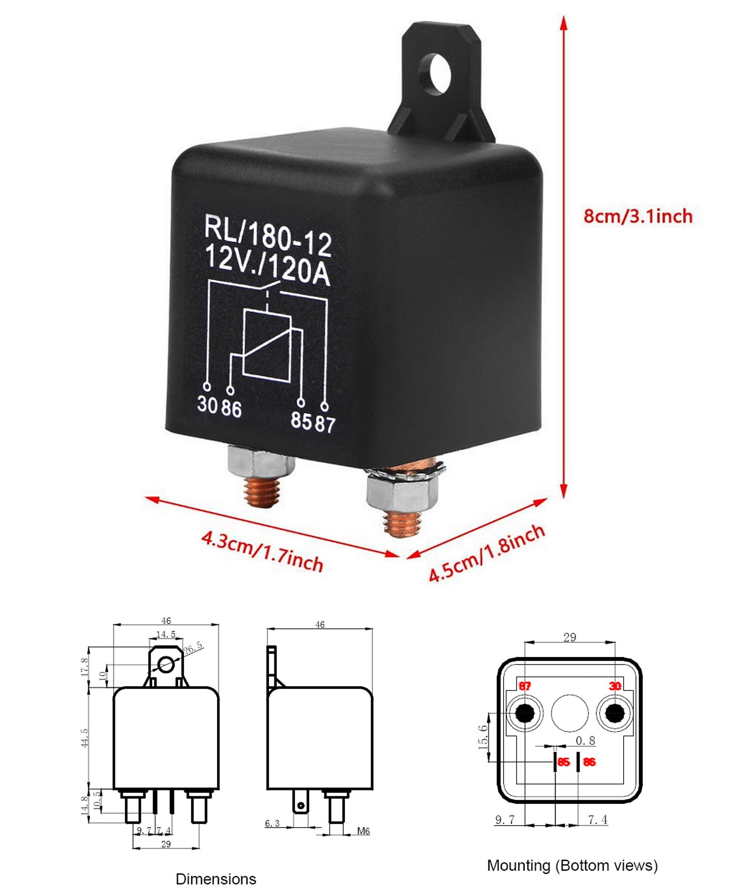 120A High Capacity Heavy Duty 4 Pin SPST 12VDC Automotive Relay Switch - Perfect for Car Starter, Truck, Boat & RV Electrical Systems