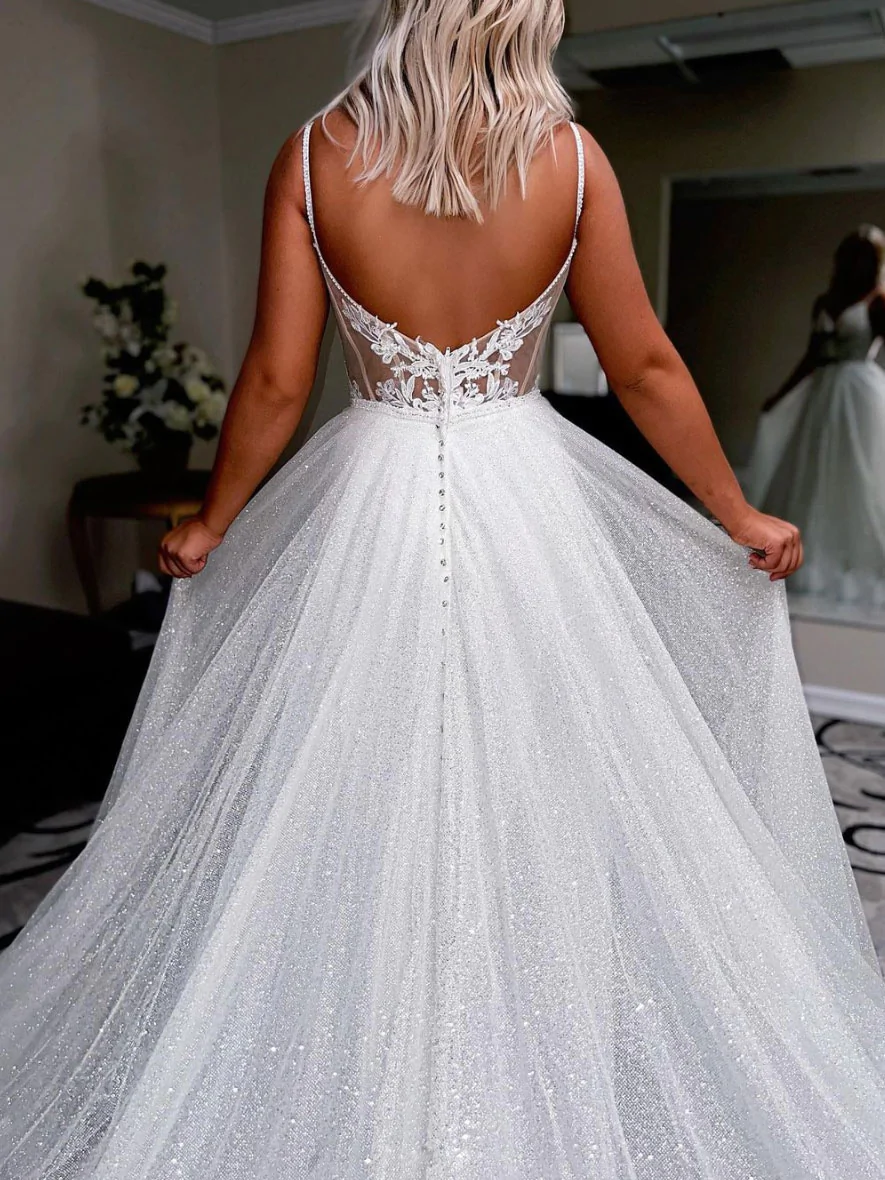 Sparkling White Sequin Prom Dress V-Neck Long Spaghetti Straps Evening Gown for Homecoming, Pageant, and Formal Events