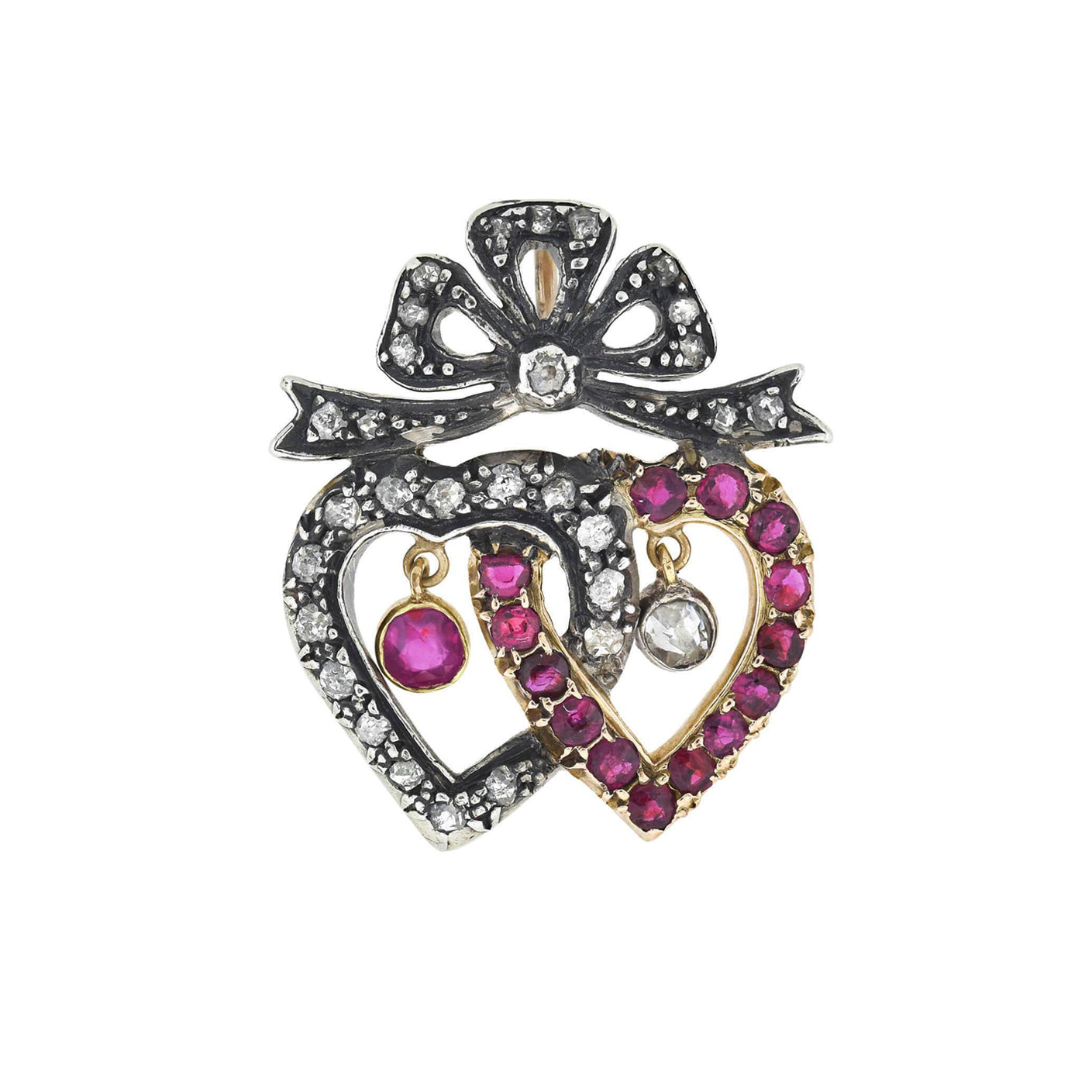 14K Gold & Sterling Silver Victorian Style Ruby and Diamond Double Heart Pendant Necklace - Romantic Gift for Anniversary, Valentine's Day & Special Occasions