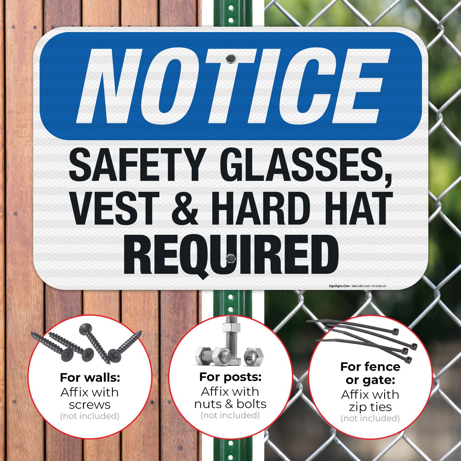 OSHA Compliant Safety Glasses Vest & Hard Hat Required Sign - 12x18 Inch Reflective Aluminum Sign for Construction Sites & Work Zones - 3M EGP .063 Fade-Resistant Material - Indoor/Outdoor Use - Made in USA - Perfect for Factories, Warehouses & Hazardous Areas