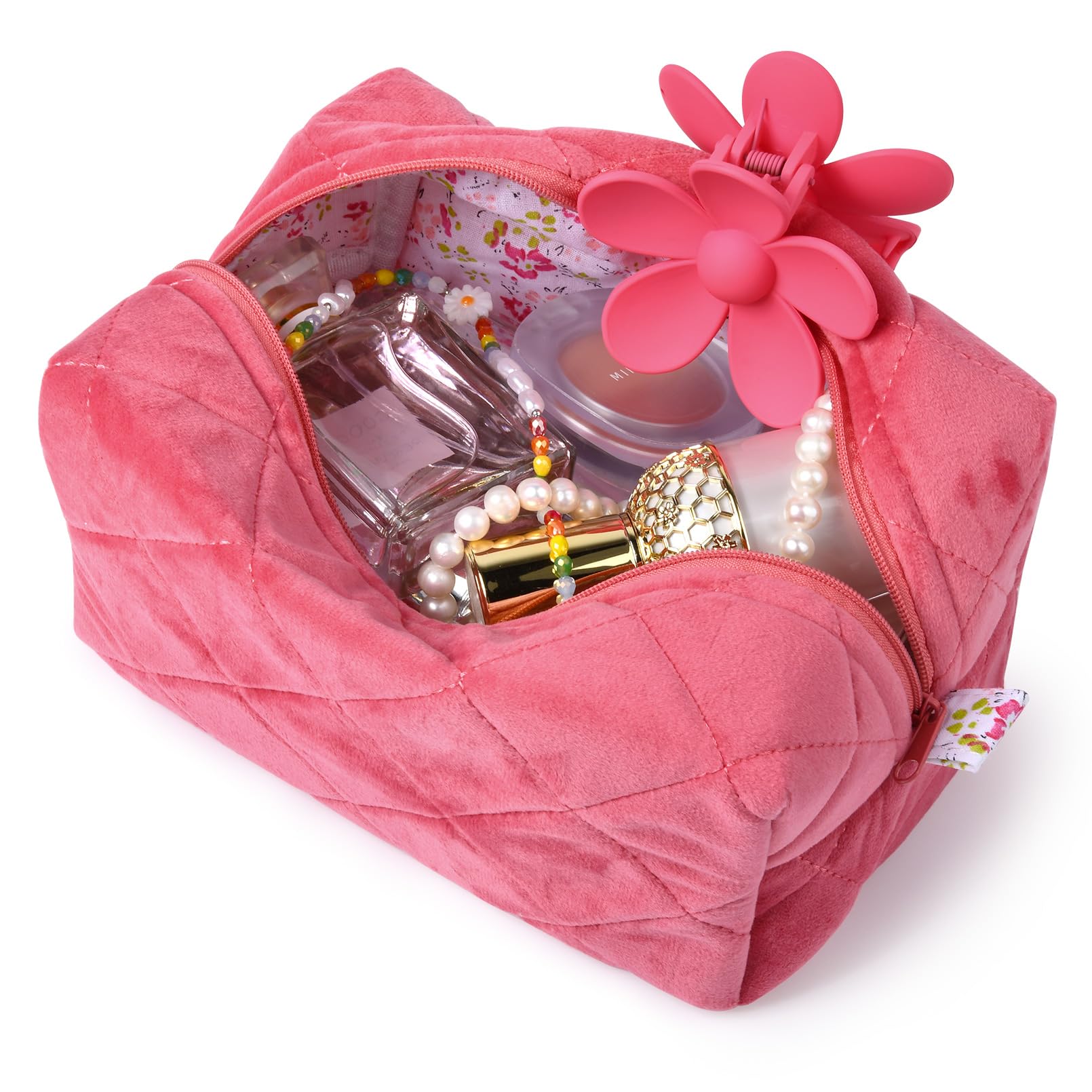 Pink Terry Quilted Makeup Bag | Puffy Coquette Cosmetic Pouch | Aesthetic Cotton Travel Toiletry Organizer | Women's Makeup Brush Storage Bag | Perfect for Travel, Gym & Daily Beauty Essentials