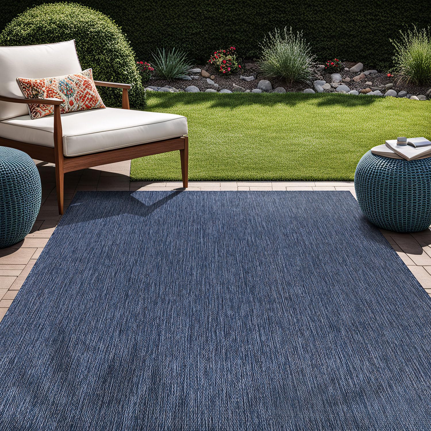 Beverly Indoor Outdoor Rug 6x9 - Washable Water Resistant Modern Area Rug for Patio, Deck, Porch - Solid Azure Blue | Perfect for Backyard, Poolside & Sunroom Decor