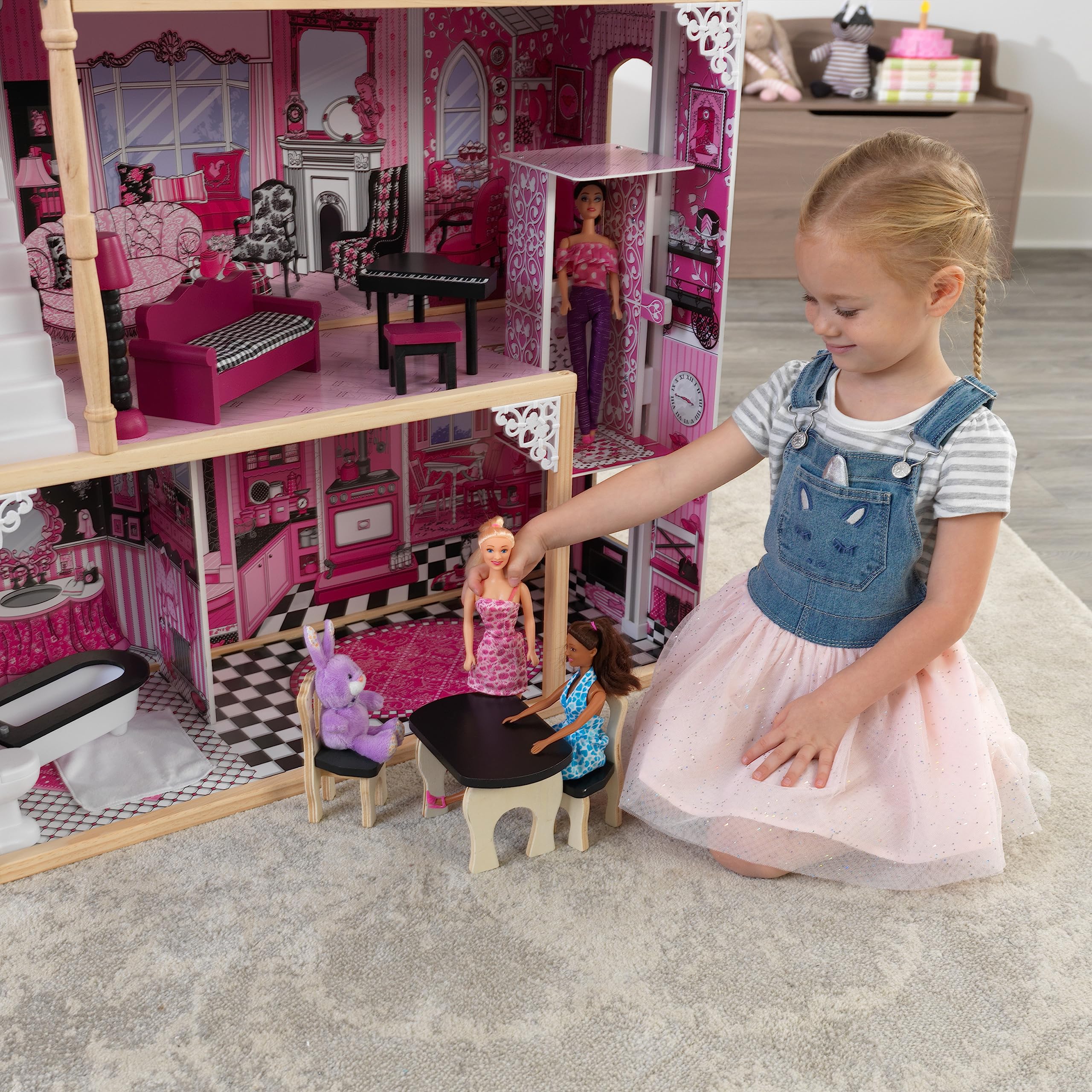KidKraft Amelia Wooden Dollhouse with Elevator & Balcony - 15-Piece Furniture Accessories Set, Pink Playhouse for Girls Ages 3+ | Perfect for Pretend Play, Birthday Gifts & Nursery Decor