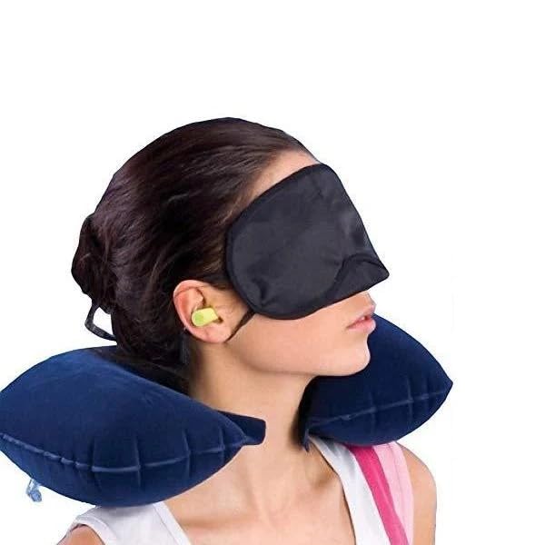 Muhoort 3-in-1 Air Travel Kit - Inflatable Neck Pillow, Soft Cotton Earplugs & Breathable Polyester Eye Mask (Multiple Colors) - Perfect for Long Flights, Business Trips & Relaxation