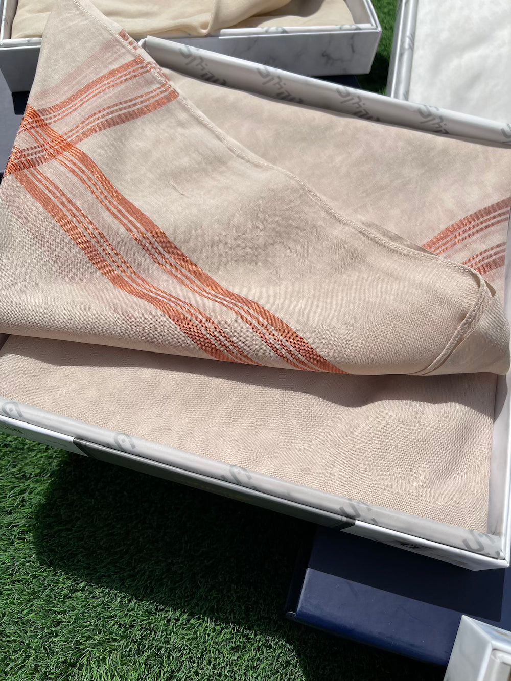 Muted Beige Pink Keffiyeh Scarf with Bronze Metallic Border - 100% Cotton Shemagh for Women & Men - Perfect for Outdoor Activities, Travel, and Fashion Accessories